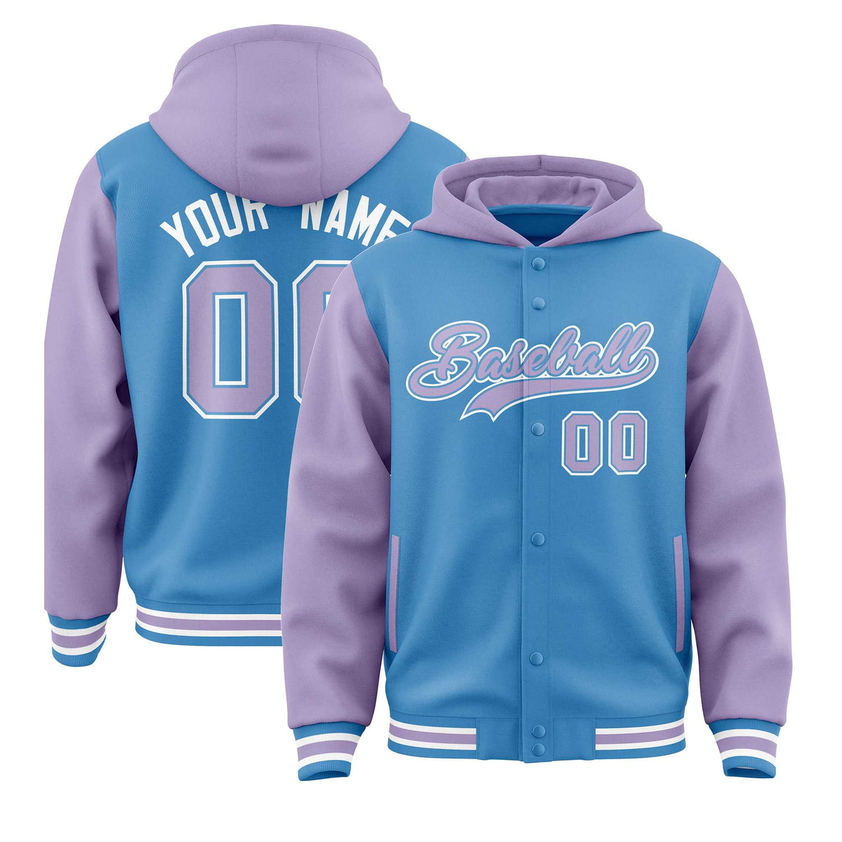Custom Powder Blue Light Purple Raglan Sleeves Varsity Full-Snap Letterman Two Tone Jacket Hoodie| KXKSHOP