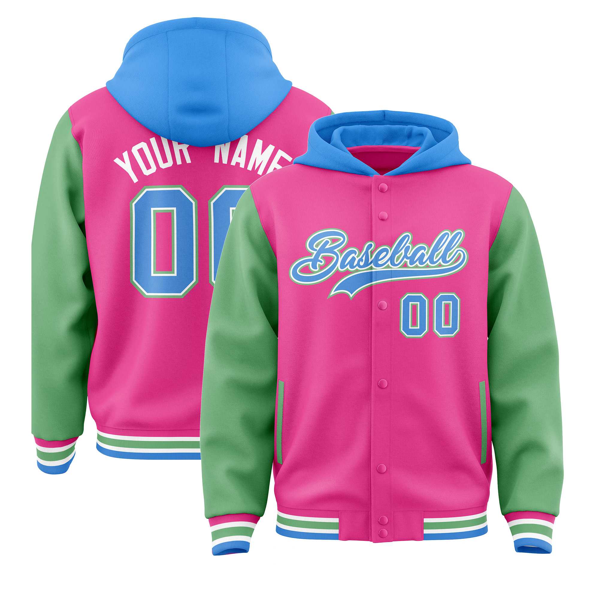 Custom Pink Green-Powder Blue Raglan Sleeves Varsity Full-Snap Letterman Two Tone Jacket Hoodie| KXKSHOP
