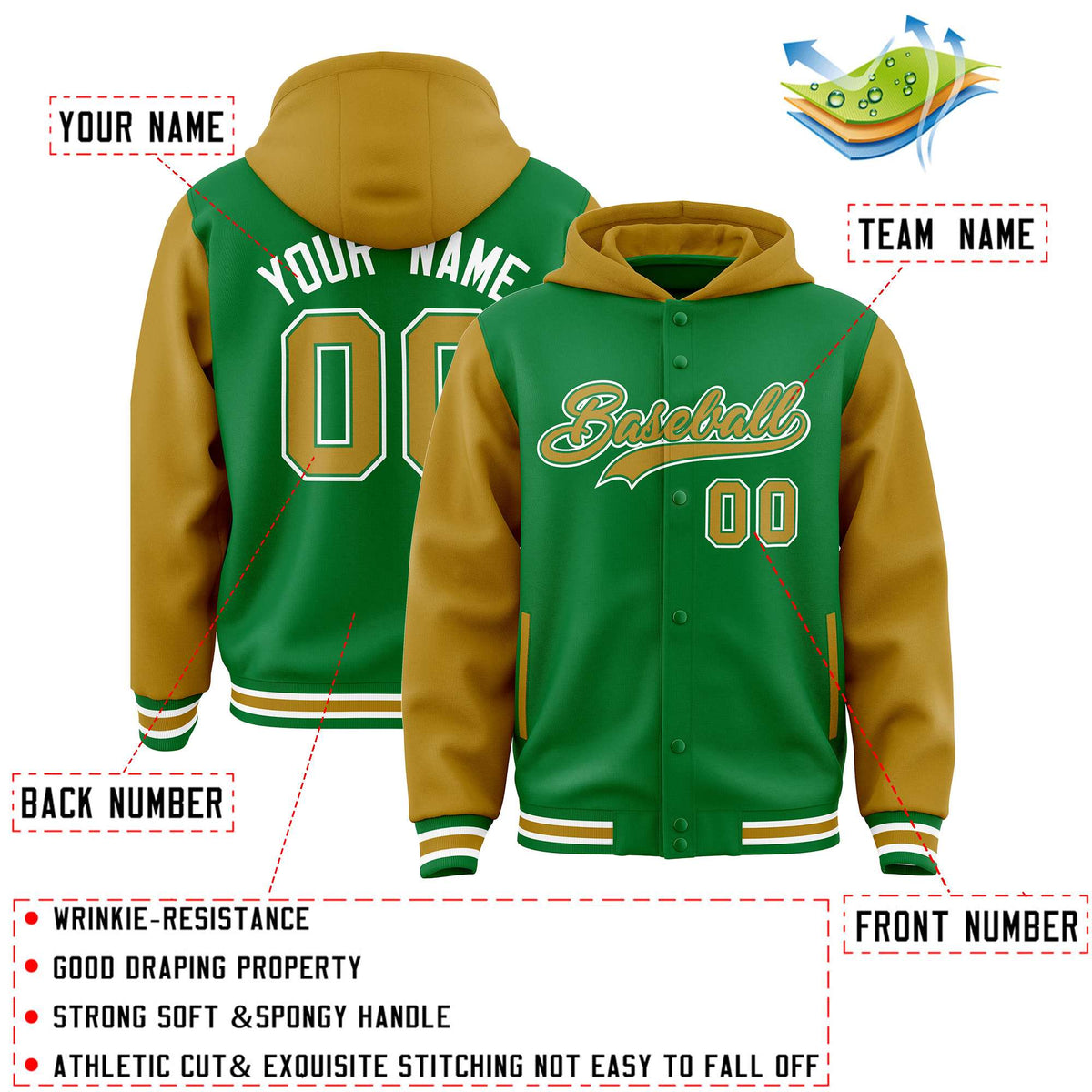 Custom Kelly Green Old Gold Raglan Sleeves Varsity Full-Snap Letterman Two Tone Jacket Hoodie| KXKSHOP