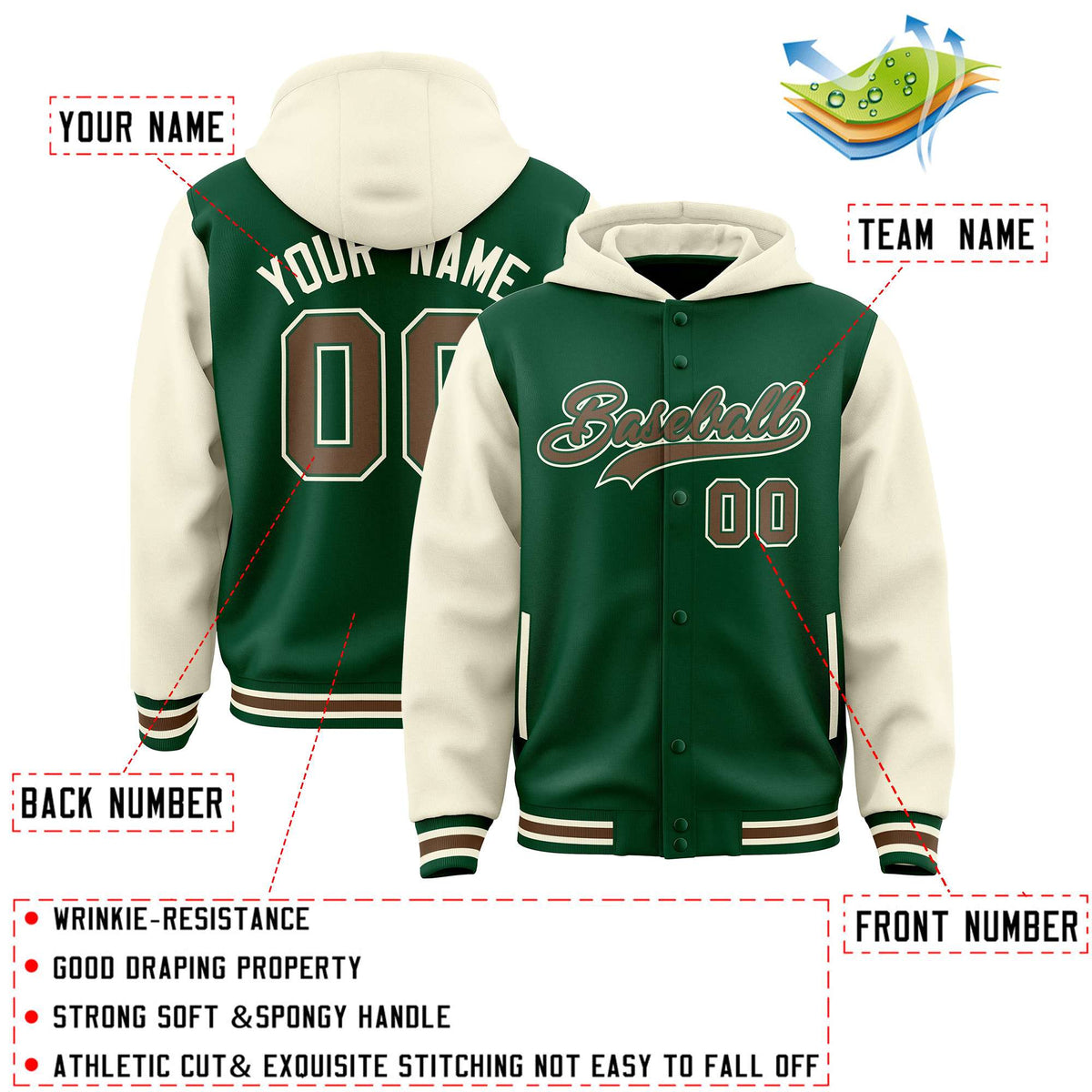 Custom Green Cream Raglan Sleeves Varsity Full-Snap Letterman Two Tone Jacket Hoodie| KXKSHOP