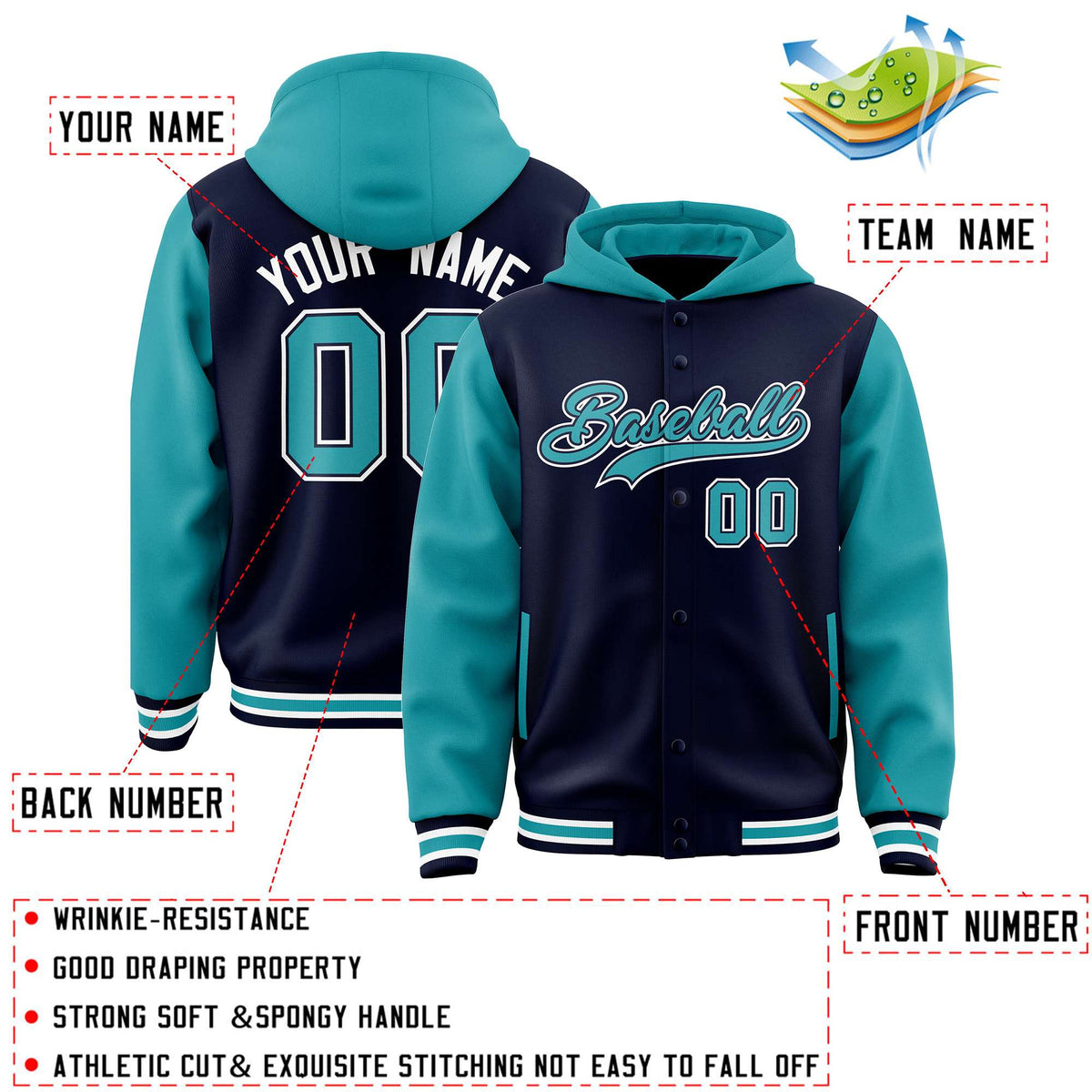 Custom Navy Aqua Raglan Sleeves Varsity Full-Snap Letterman Two Tone Jacket Hoodie| KXKSHOP