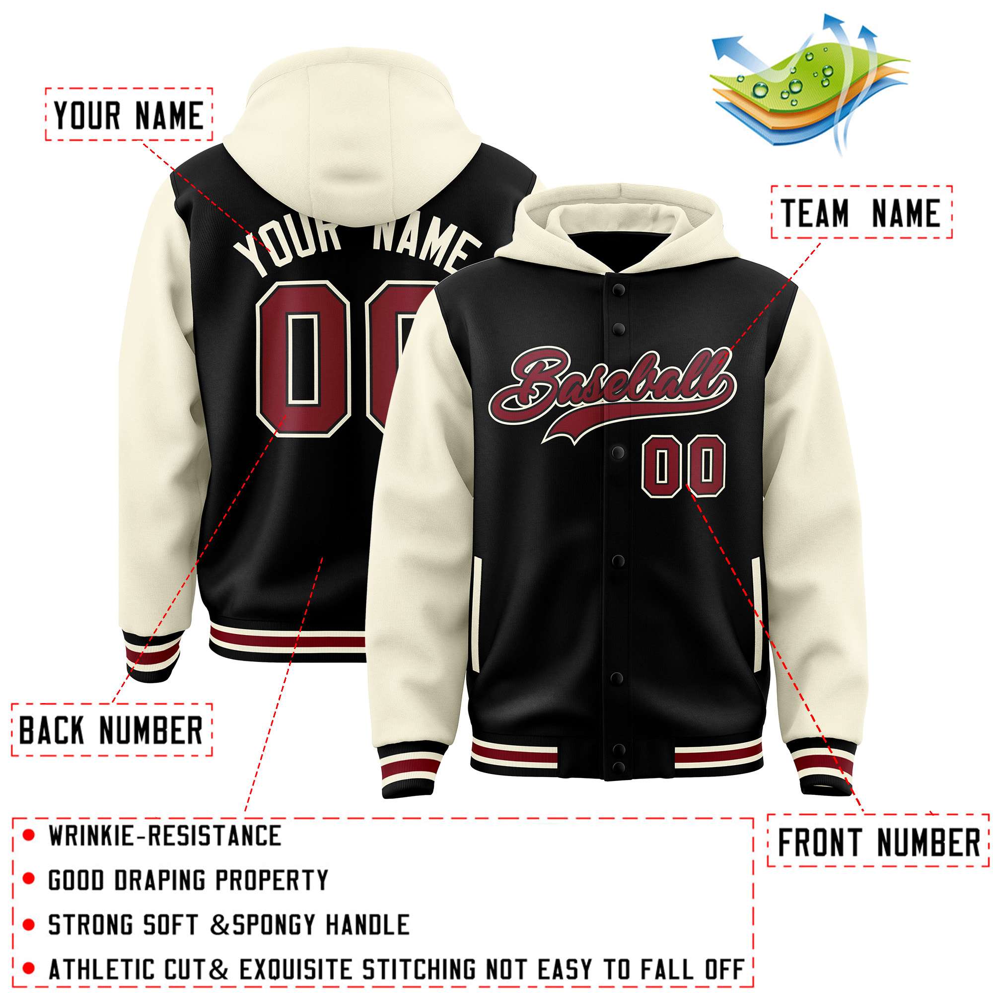 Custom Black Cream Raglan Sleeves Varsity Full-Snap Letterman Two Tone Jacket Hoodie| KXKSHOP