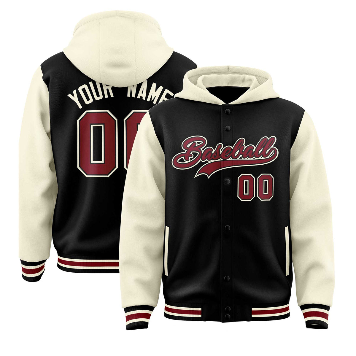 Custom Black Cream Raglan Sleeves Varsity Full-Snap Letterman Two Tone Jacket Hoodie| KXKSHOP