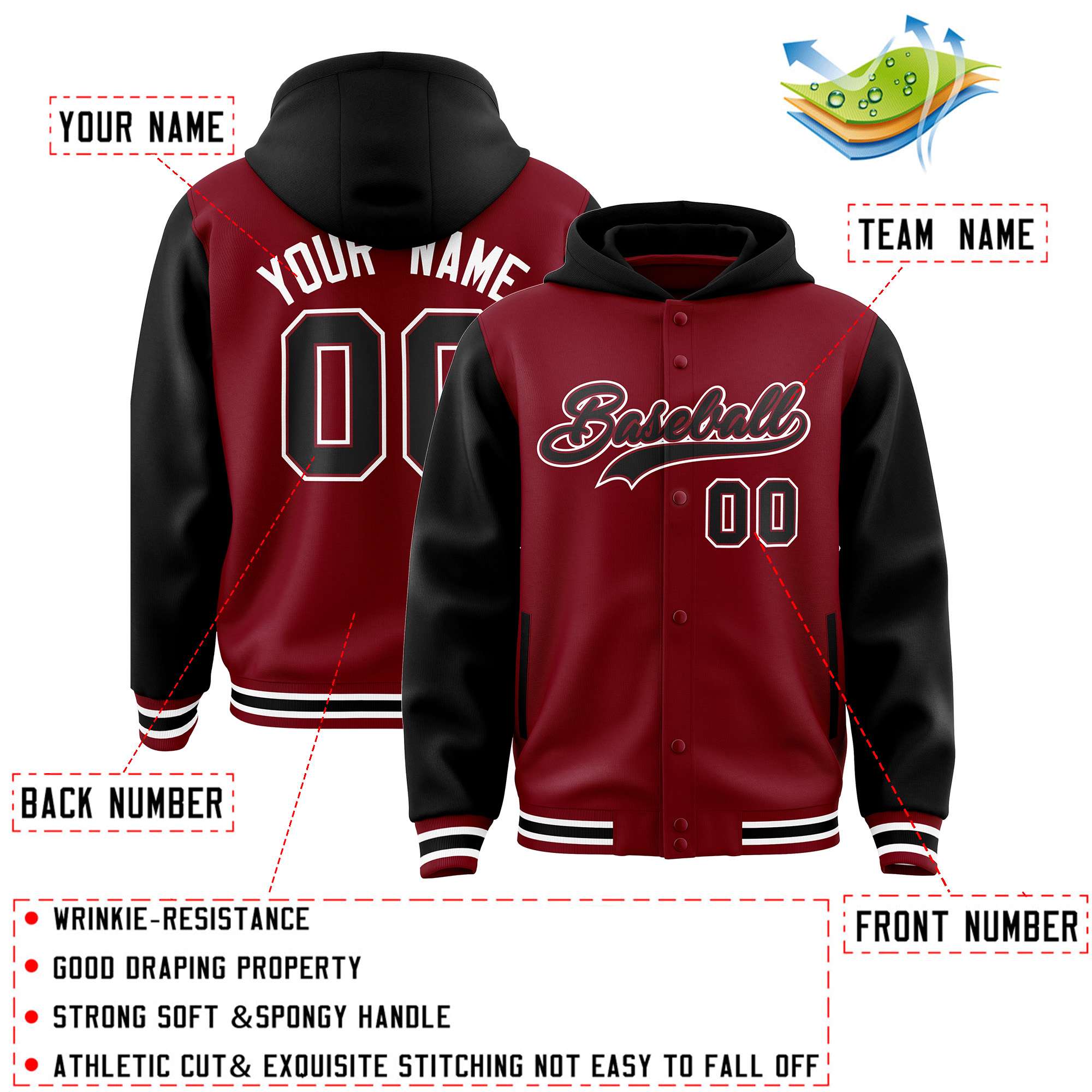 Custom Crimson Black Raglan Sleeves Varsity Full-Snap Letterman Two Tone Jacket Hoodie| KXKSHOP