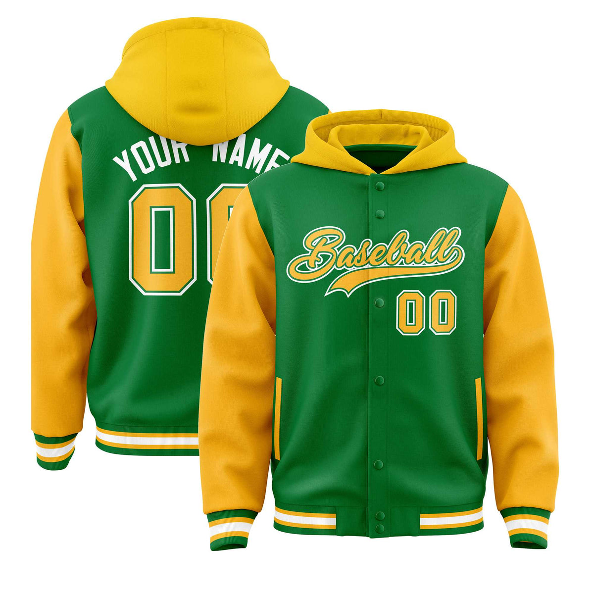 Custom Kelly Green Gold Raglan Sleeves Varsity Full-Snap Letterman Two Tone Jacket Hoodie| KXKSHOP