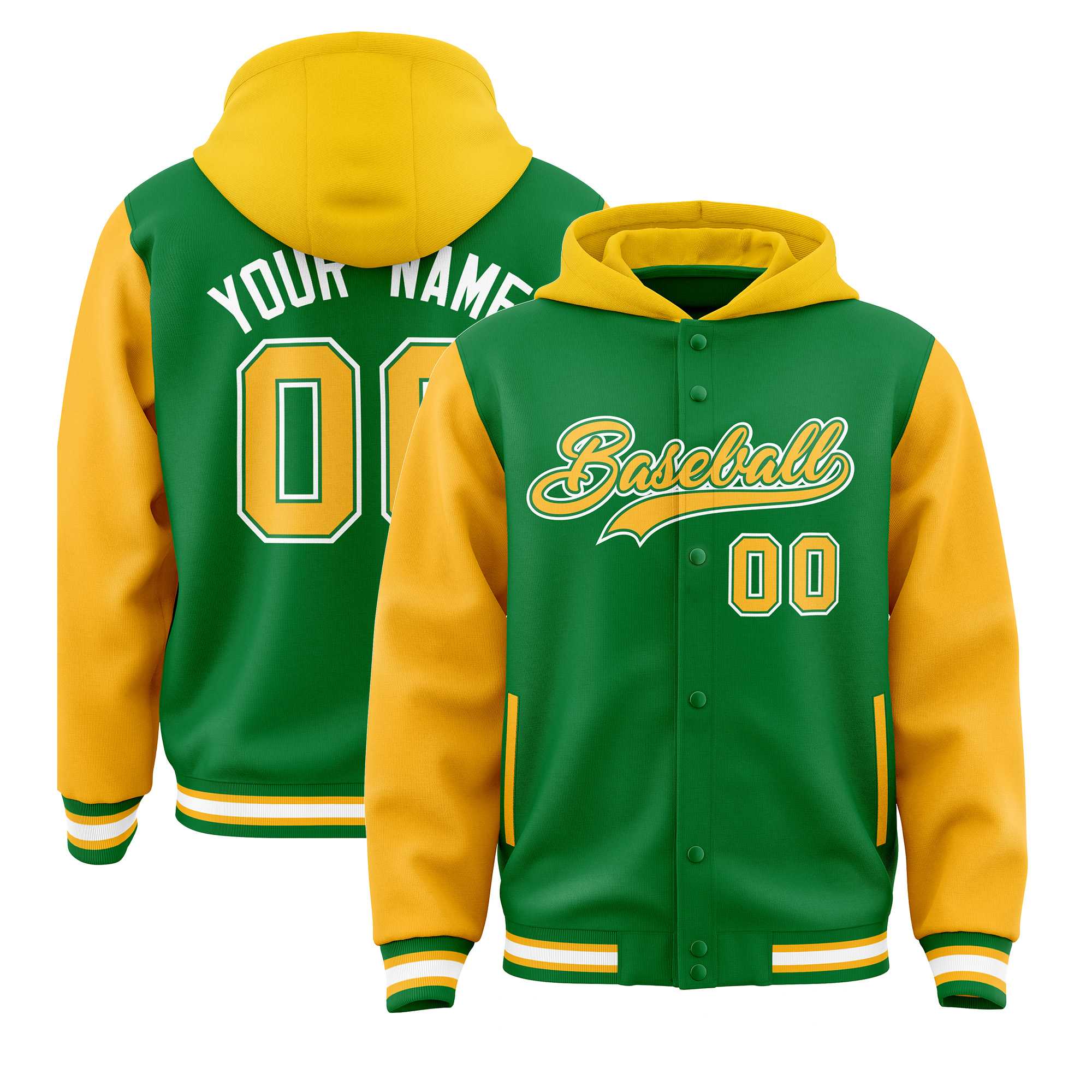Custom Kelly Green Gold Raglan Sleeves Varsity Full-Snap Letterman Two Tone Jacket Hoodie| KXKSHOP