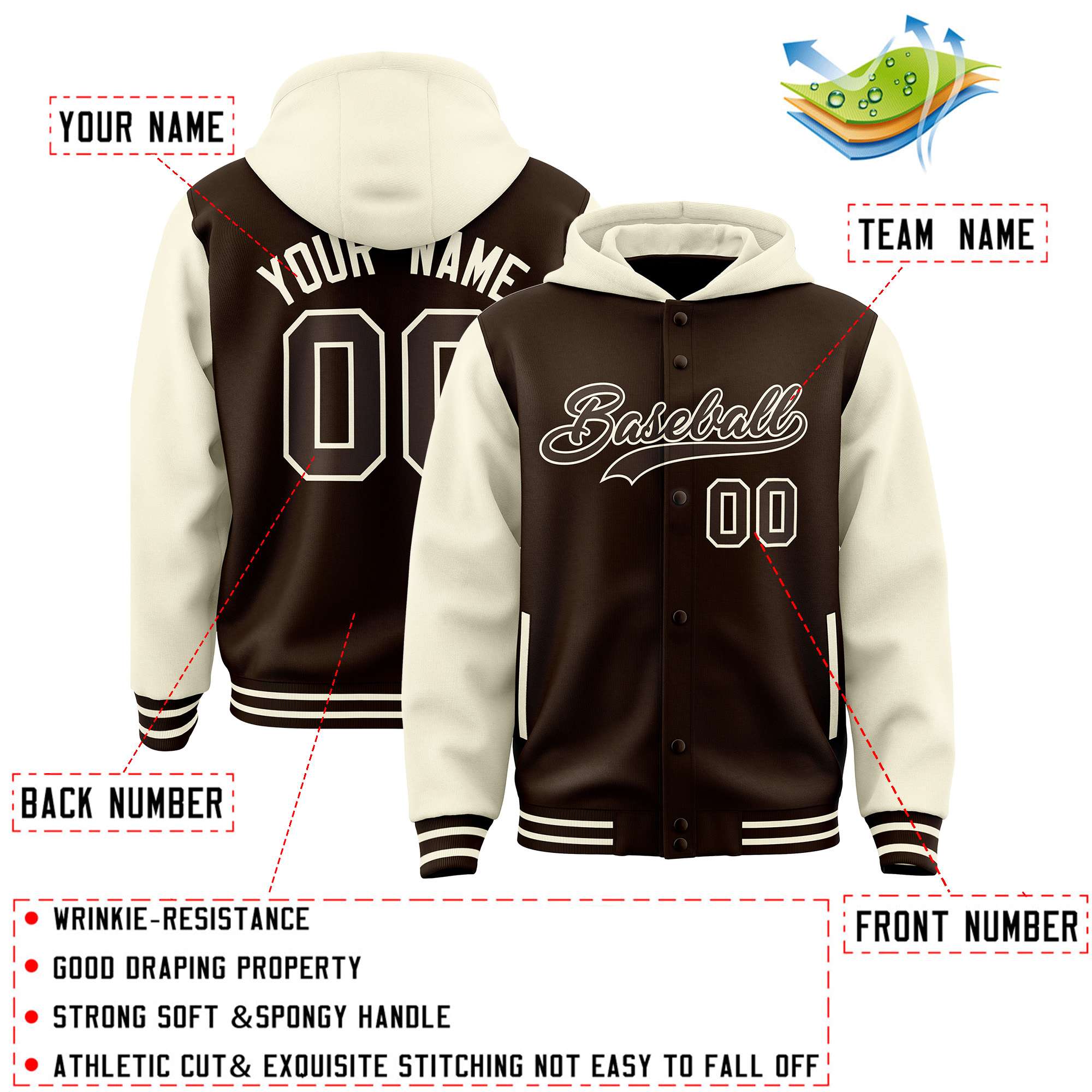 Custom Brown Cream Raglan Sleeves Varsity Full-Snap Letterman Two Tone Jacket Hoodie| KXKSHOP