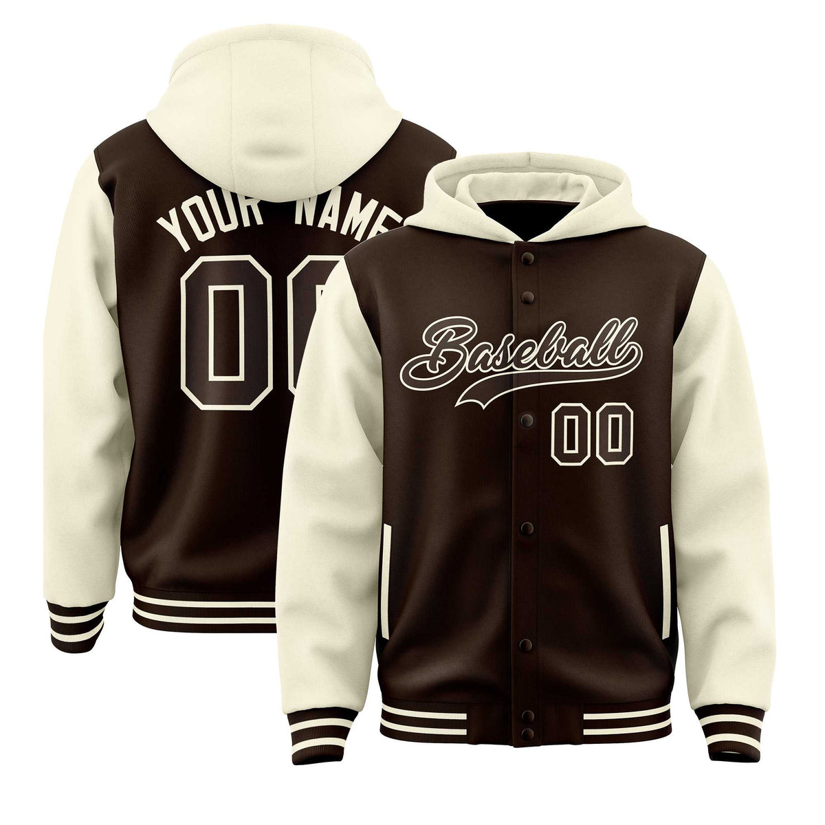 Custom Brown Cream Raglan Sleeves Varsity Full-Snap Letterman Two Tone Jacket Hoodie| KXKSHOP