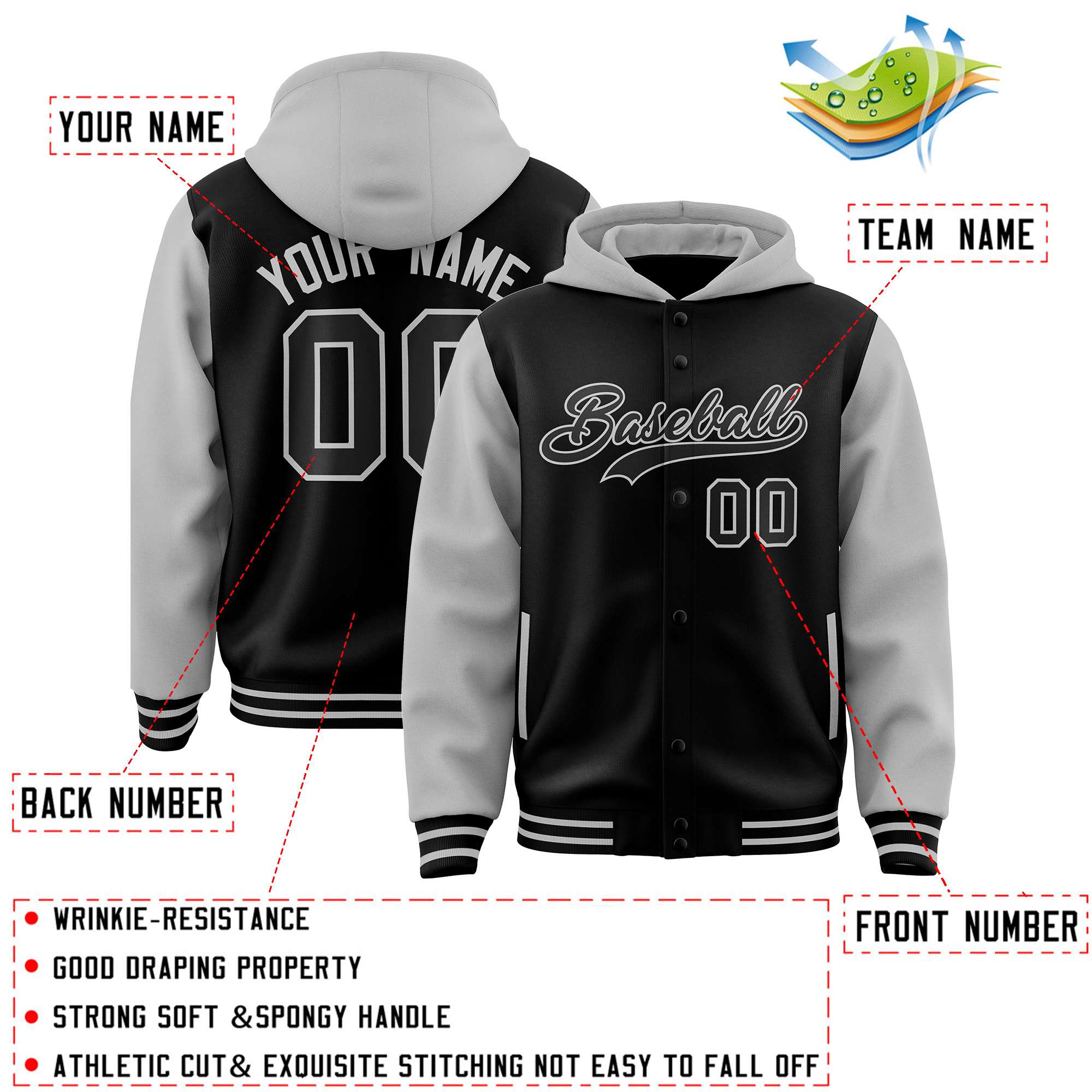 Custom Black Gray Raglan Sleeves Varsity Full-Snap Letterman Two Tone Jacket Hoodie| KXKSHOP