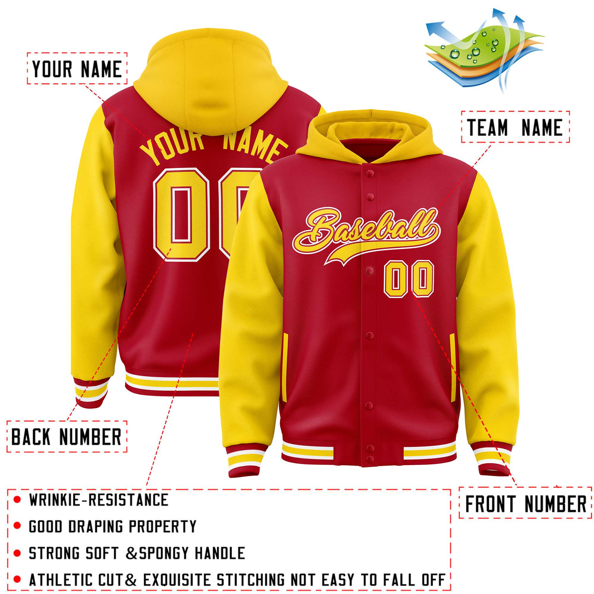 Custom Red Gold Raglan Sleeves Varsity Full-Snap Letterman Two Tone Jacket Hoodie| KXKSHOP