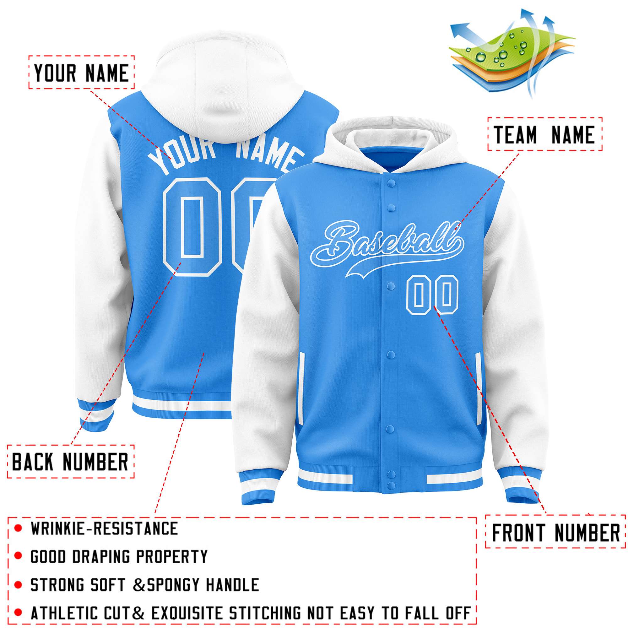 Custom Powder Blue White Raglan Sleeves Varsity Full-Snap Letterman Two Tone Jacket Hoodie| KXKSHOP