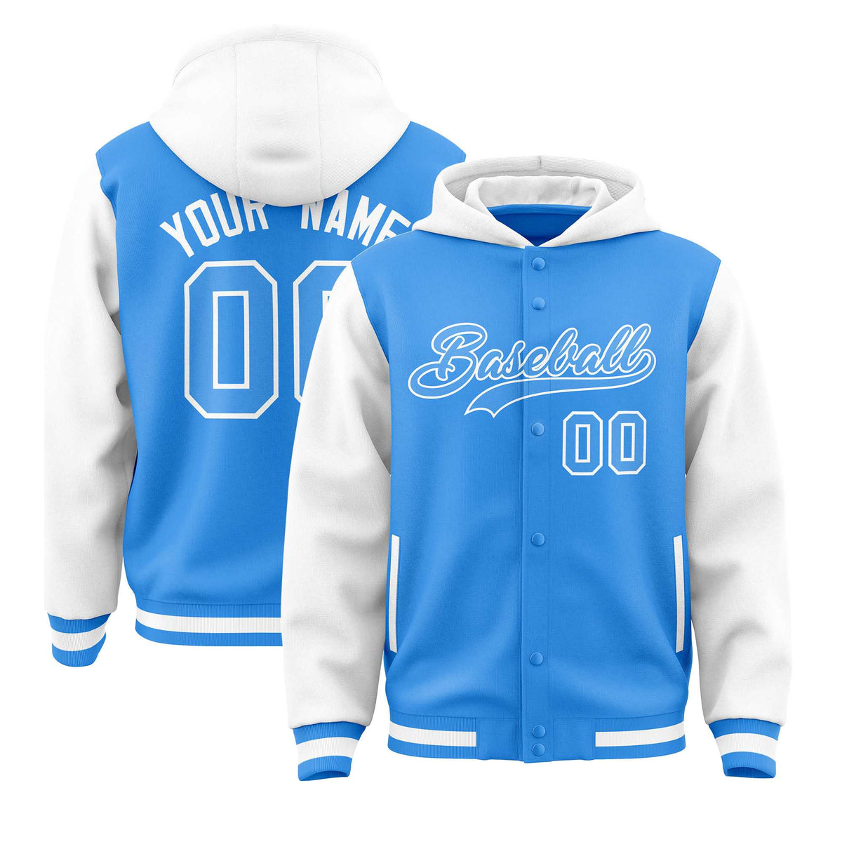 Custom Powder Blue White Raglan Sleeves Varsity Full-Snap Letterman Two Tone Jacket Hoodie| KXKSHOP
