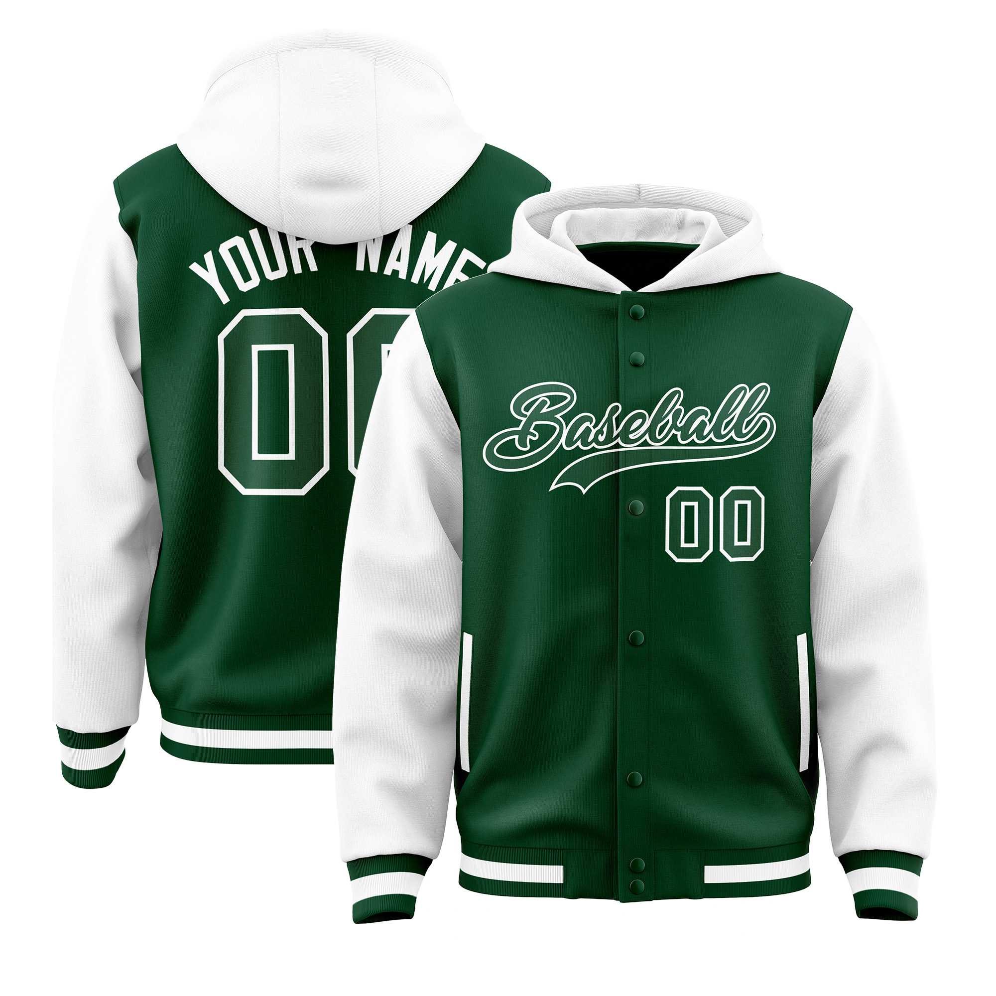 Custom Green White Raglan Sleeves Varsity Full-Snap Letterman Two Tone Jacket Hoodie| KXKSHOP