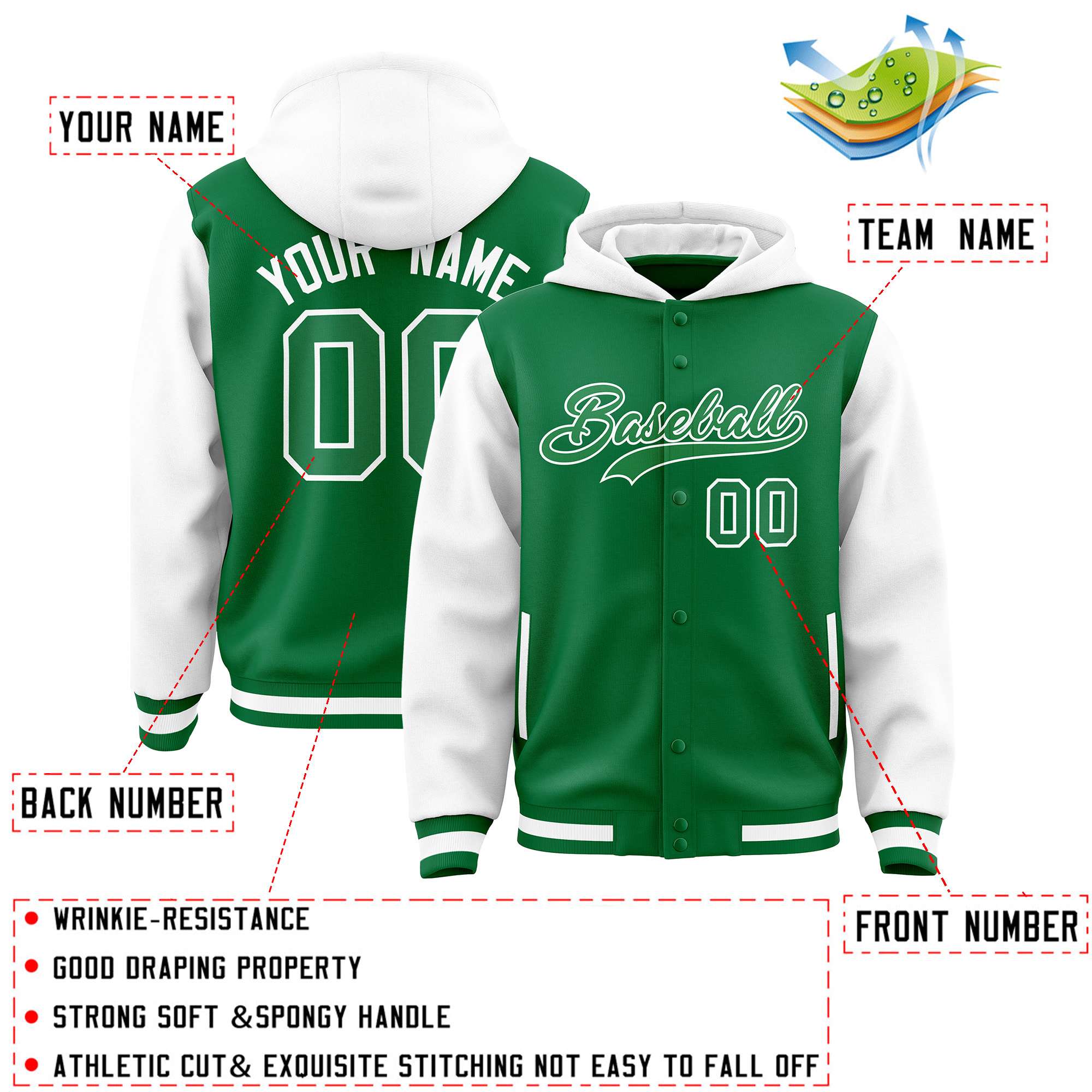 Custom Kelly Green White Raglan Sleeves Varsity Full-Snap Letterman Two Tone Jacket Hoodie| KXKSHOP