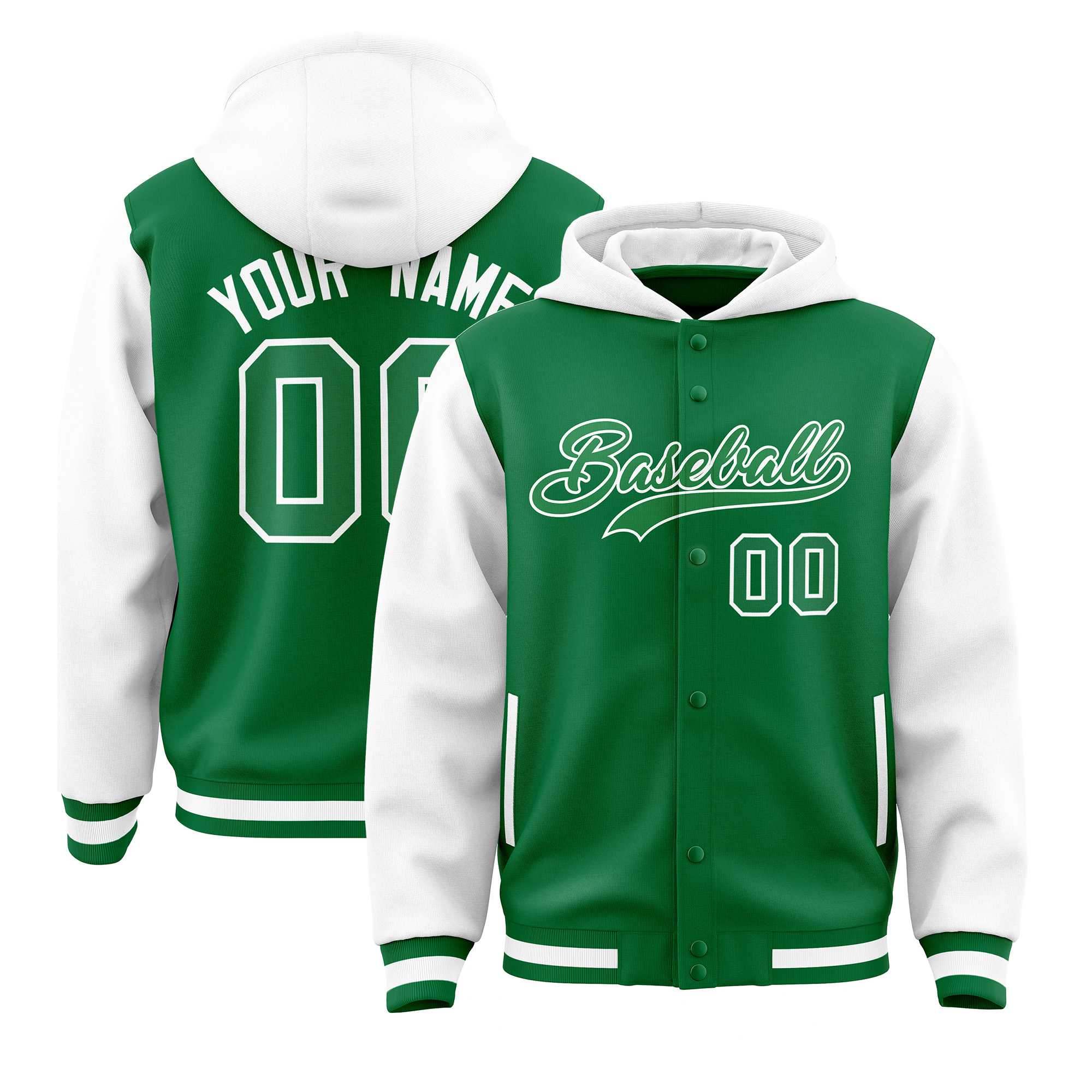 Custom Kelly Green White Raglan Sleeves Varsity Full-Snap Letterman Two Tone Jacket Hoodie| KXKSHOP
