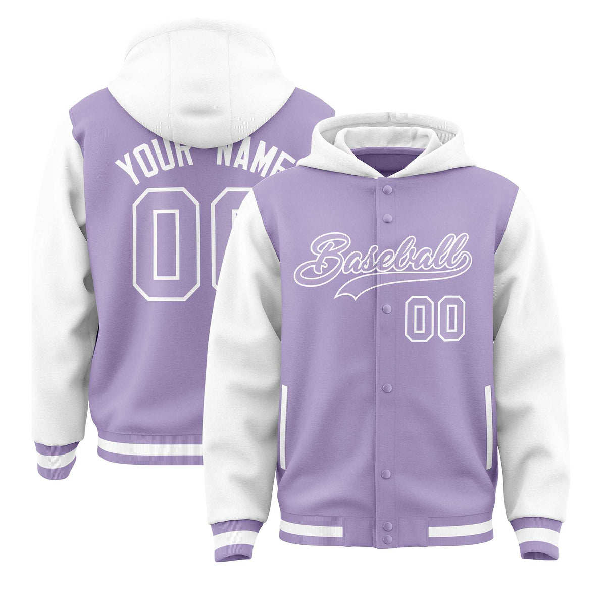 Custom Light Purple White Raglan Sleeves Varsity Full-Snap Letterman Two Tone Jacket Hoodie| KXKSHOP