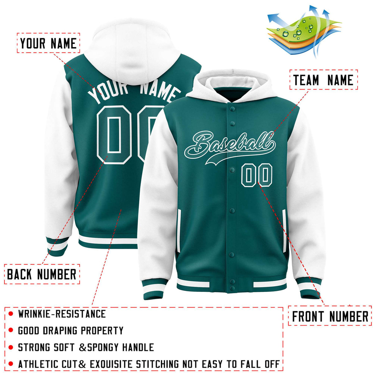 Custom Aqua White Raglan Sleeves Varsity Full-Snap Letterman Two Tone Jacket Hoodie| KXKSHOP