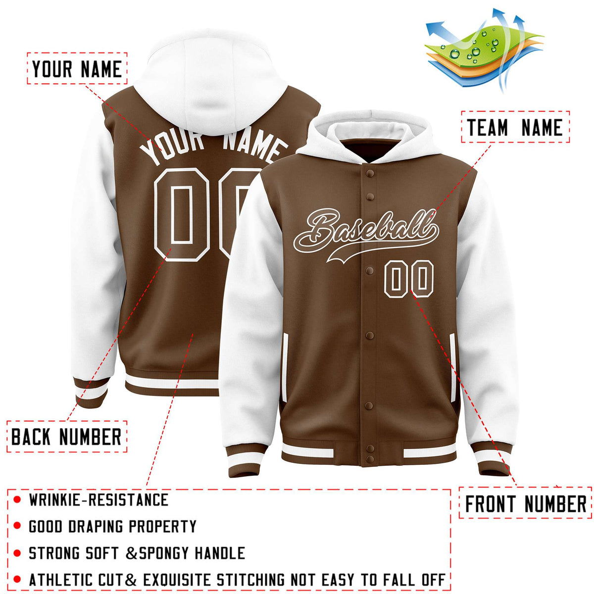 Custom Light Brown White Raglan Sleeves Varsity Full-Snap Letterman Two Tone Jacket Hoodie| KXKSHOP