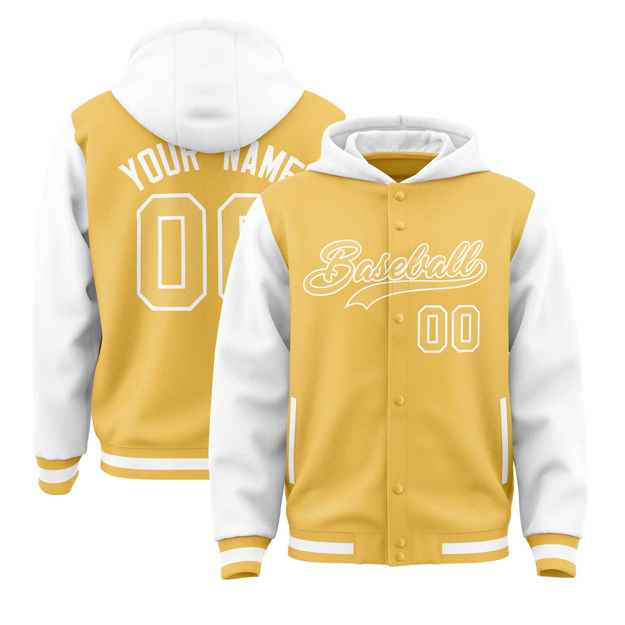 Custom Yellow White Raglan Sleeves Varsity Full-Snap Letterman Two Tone Jacket Hoodie| KXKSHOP