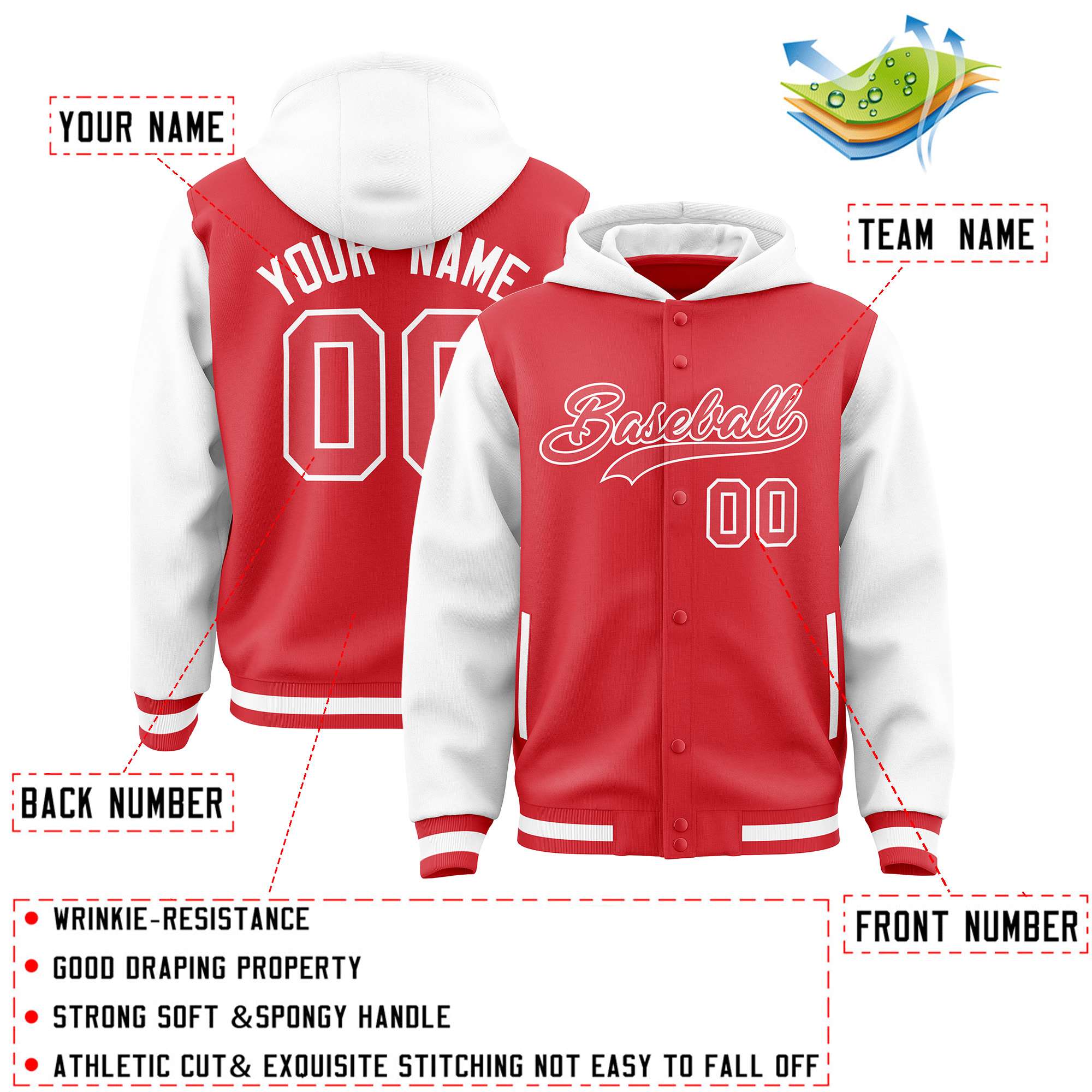 Custom Light Red White Raglan Sleeves Varsity Full-Snap Letterman Two Tone Jacket Hoodie| KXKSHOP