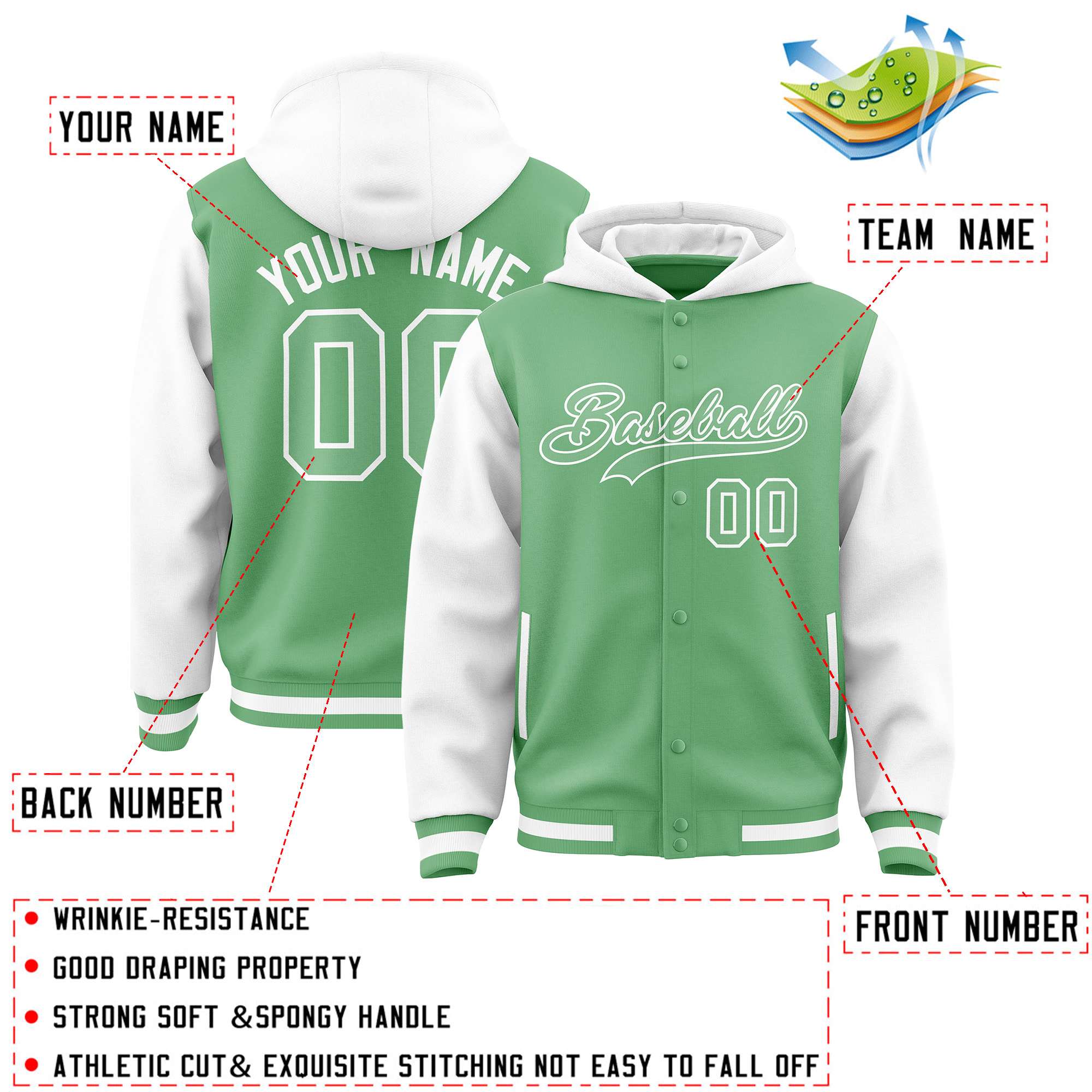 Custom Green White Raglan Sleeves Varsity Full-Snap Letterman Two Tone Jacket Hoodie| KXKSHOP