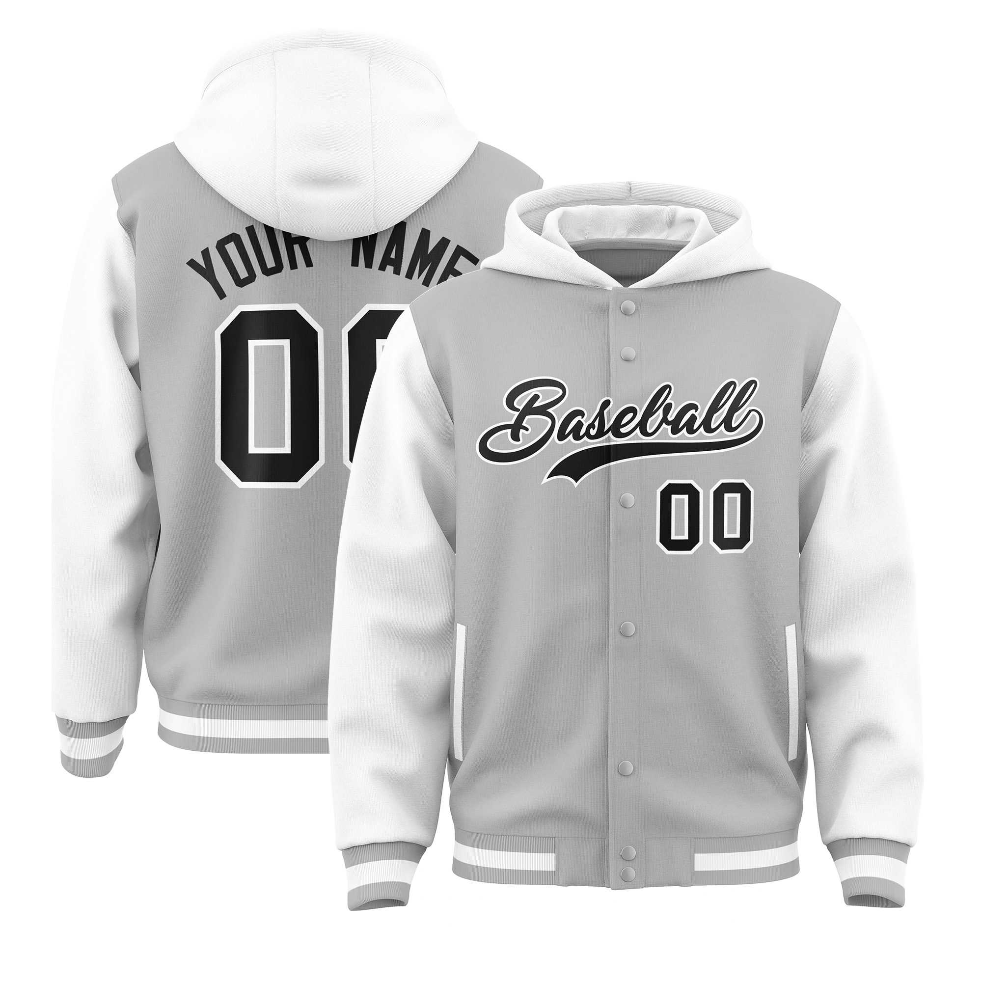 Custom Gray White Raglan Sleeves Varsity Full-Snap Letterman Two Tone Jacket Hoodie| KXKSHOP