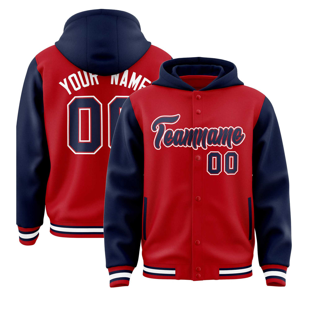 Custom Red Navy Raglan Sleeves Varsity Full-Snap Letterman Two Tone Jacket Hoodie| KXKSHOP
