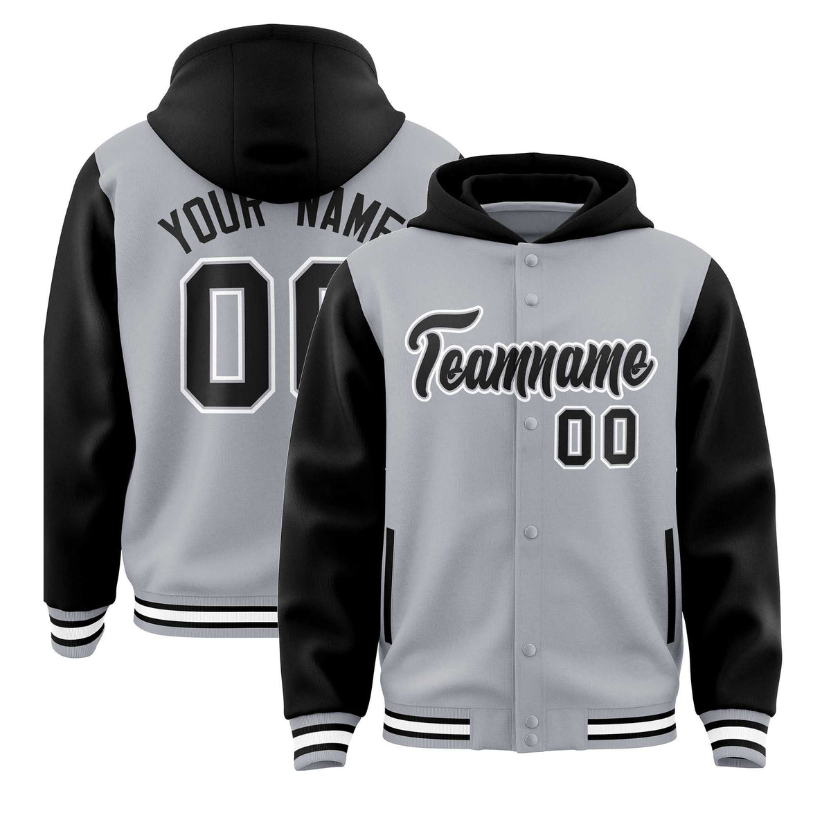 Custom Gray Black Raglan Sleeves Varsity Full-Snap Letterman Two Tone Jacket Hoodie| KXKSHOP