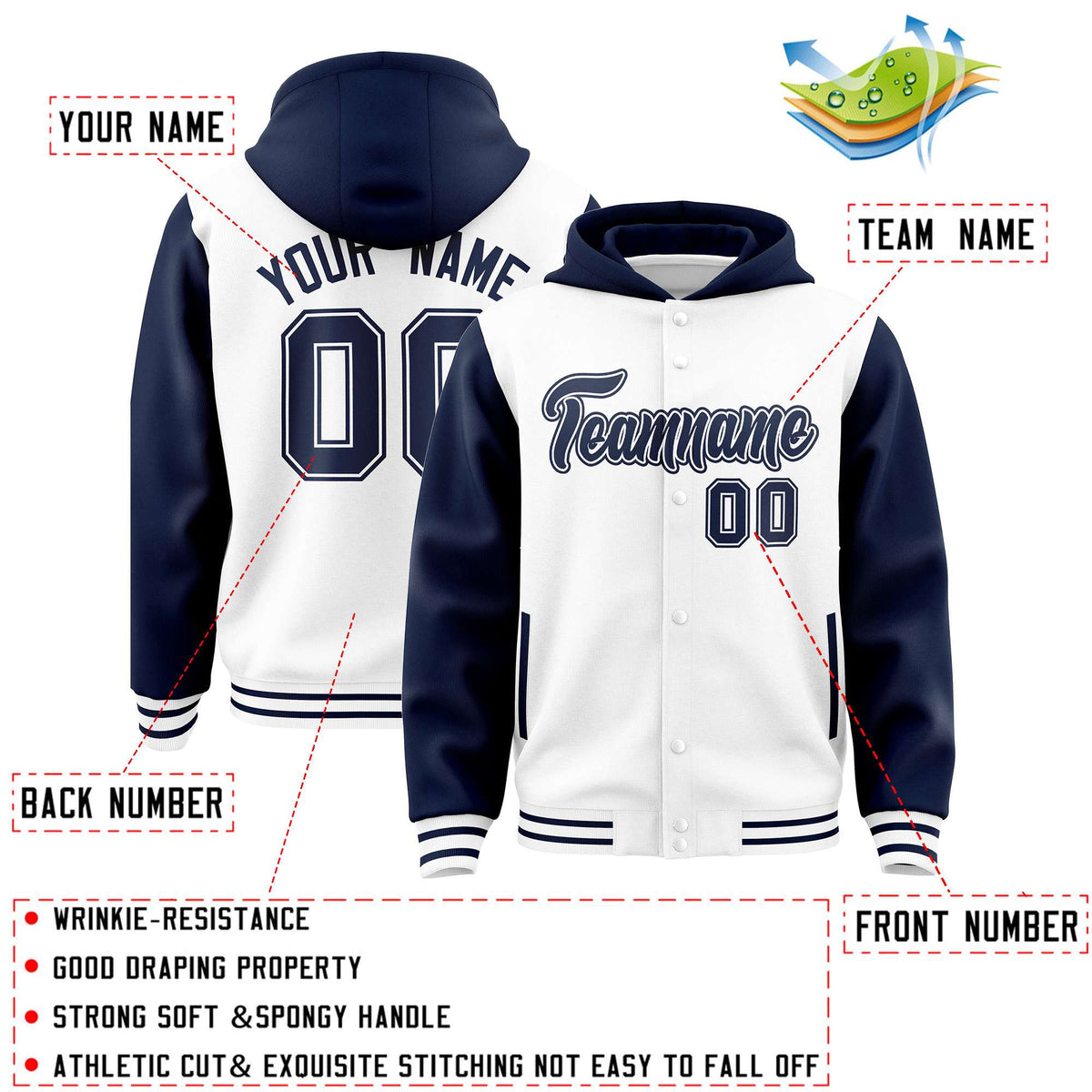 Custom White Navy Raglan Sleeves Varsity Full-Snap Letterman Two Tone Jacket Hoodie| KXKSHOP