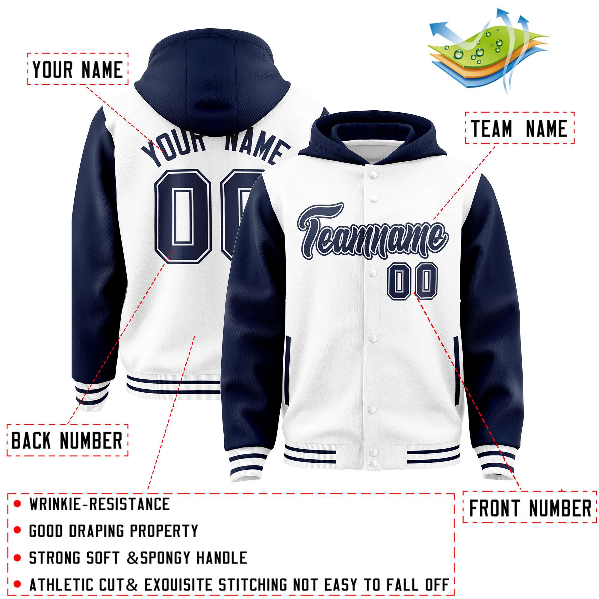 Custom White Navy Raglan Sleeves Varsity Full-Snap Letterman Two Tone Jacket Hoodie| KXKSHOP