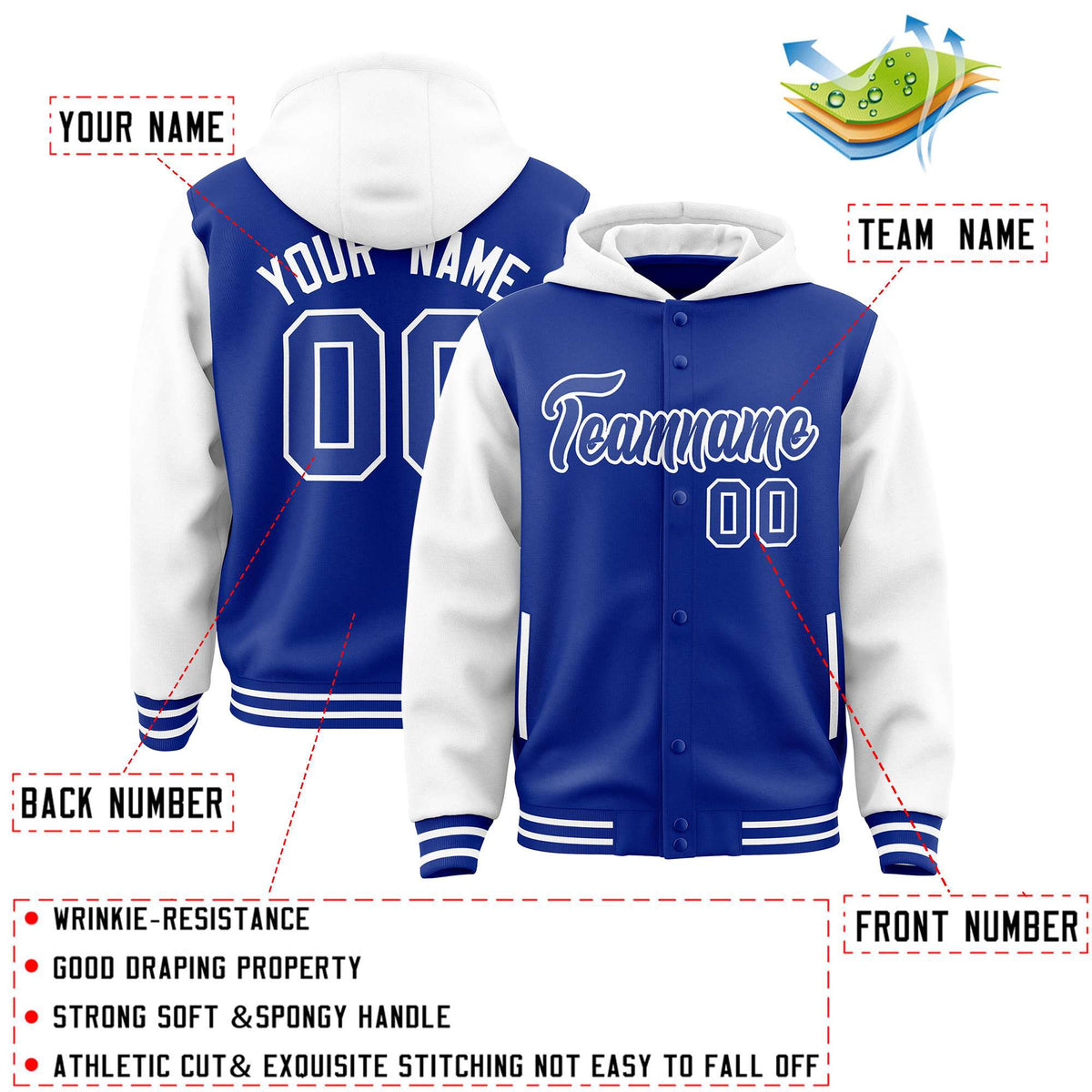 Custom Royal White Raglan Sleeves Varsity Full-Snap Letterman Two Tone Jacket Hoodie| KXKSHOP