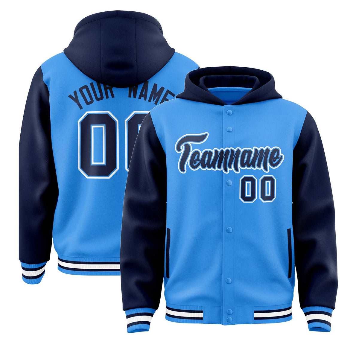 Custom Powder Blue Navy Raglan Sleeves Varsity Full-Snap Letterman Two Tone Jacket Hoodie| KXKSHOP