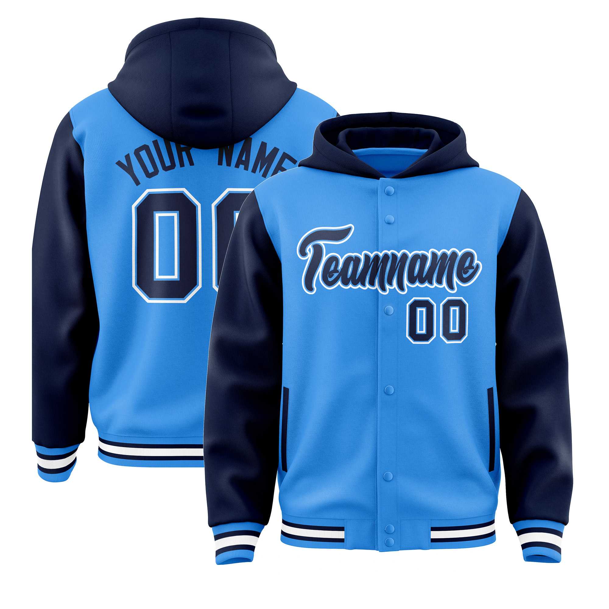 Custom Powder Blue Navy Raglan Sleeves Varsity Full-Snap Letterman Two Tone Jacket Hoodie| KXKSHOP