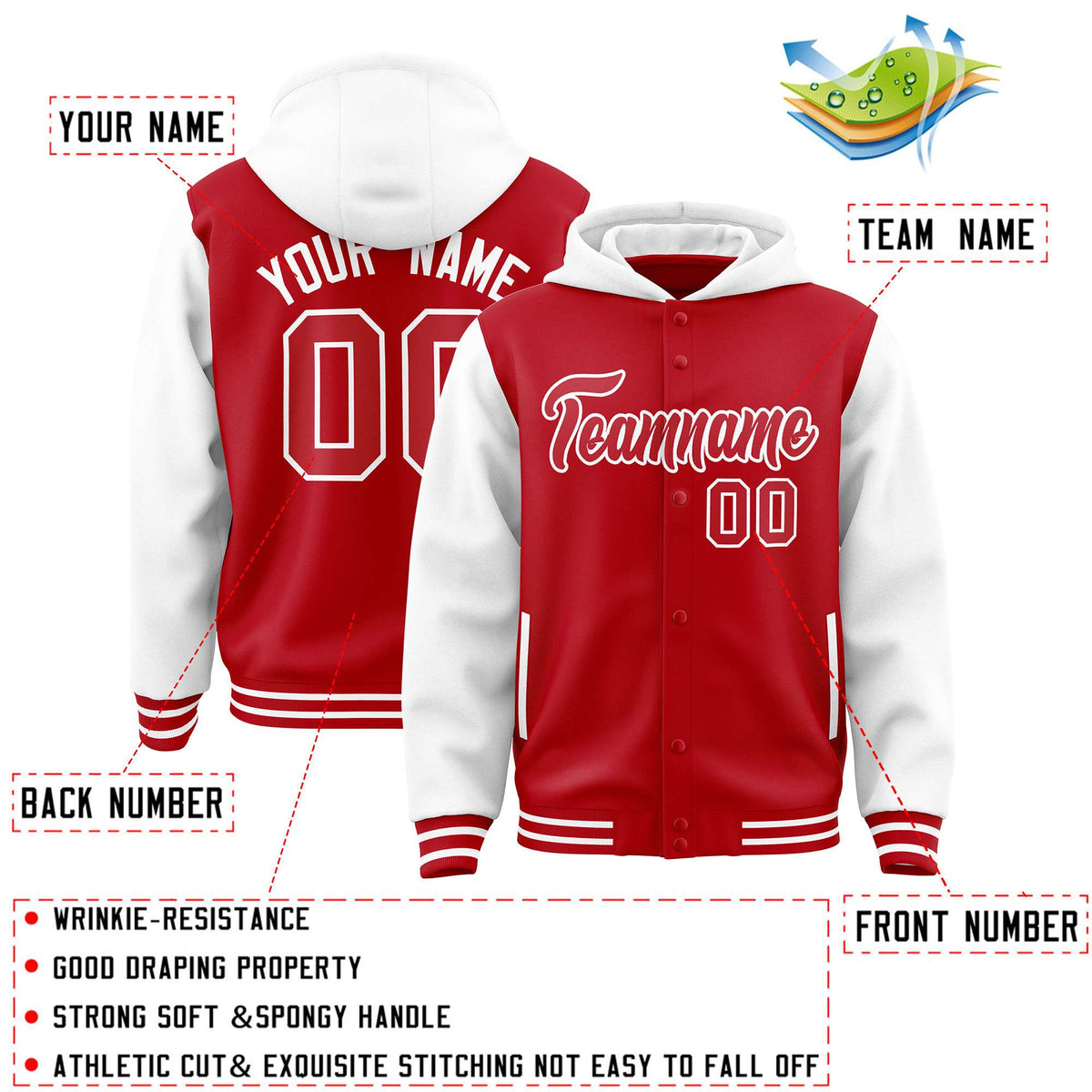Custom Red White Raglan Sleeves Varsity Full-Snap Letterman Two Tone Jacket Hoodie| KXKSHOP