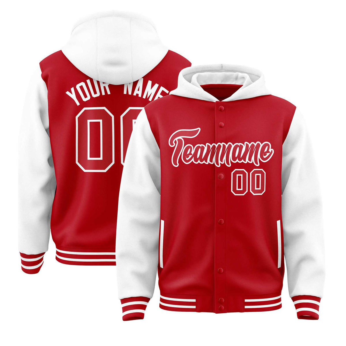 Custom Red White Raglan Sleeves Varsity Full-Snap Letterman Two Tone Jacket Hoodie| KXKSHOP