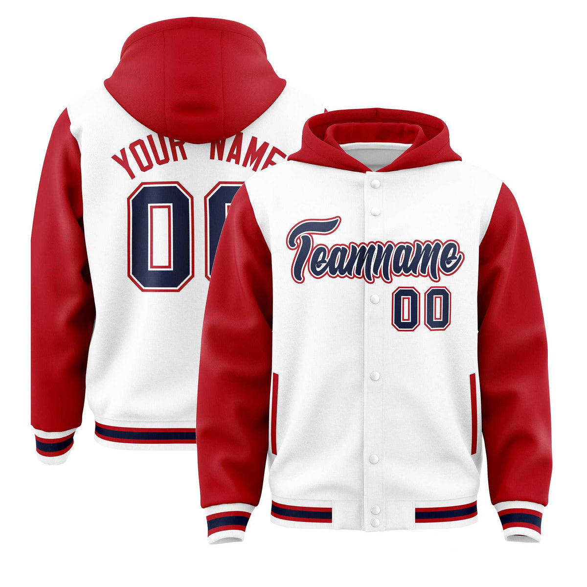 Custom White Red Raglan Sleeves Varsity Full-Snap Letterman Two Tone Jacket Hoodie| KXKSHOP
