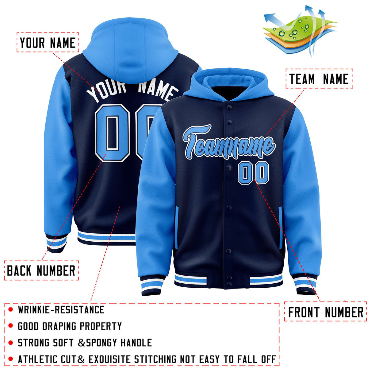 Custom Navy Powder Blue Raglan Sleeves Varsity Full-Snap Letterman Two Tone Jacket Hoodie| KXKSHOP