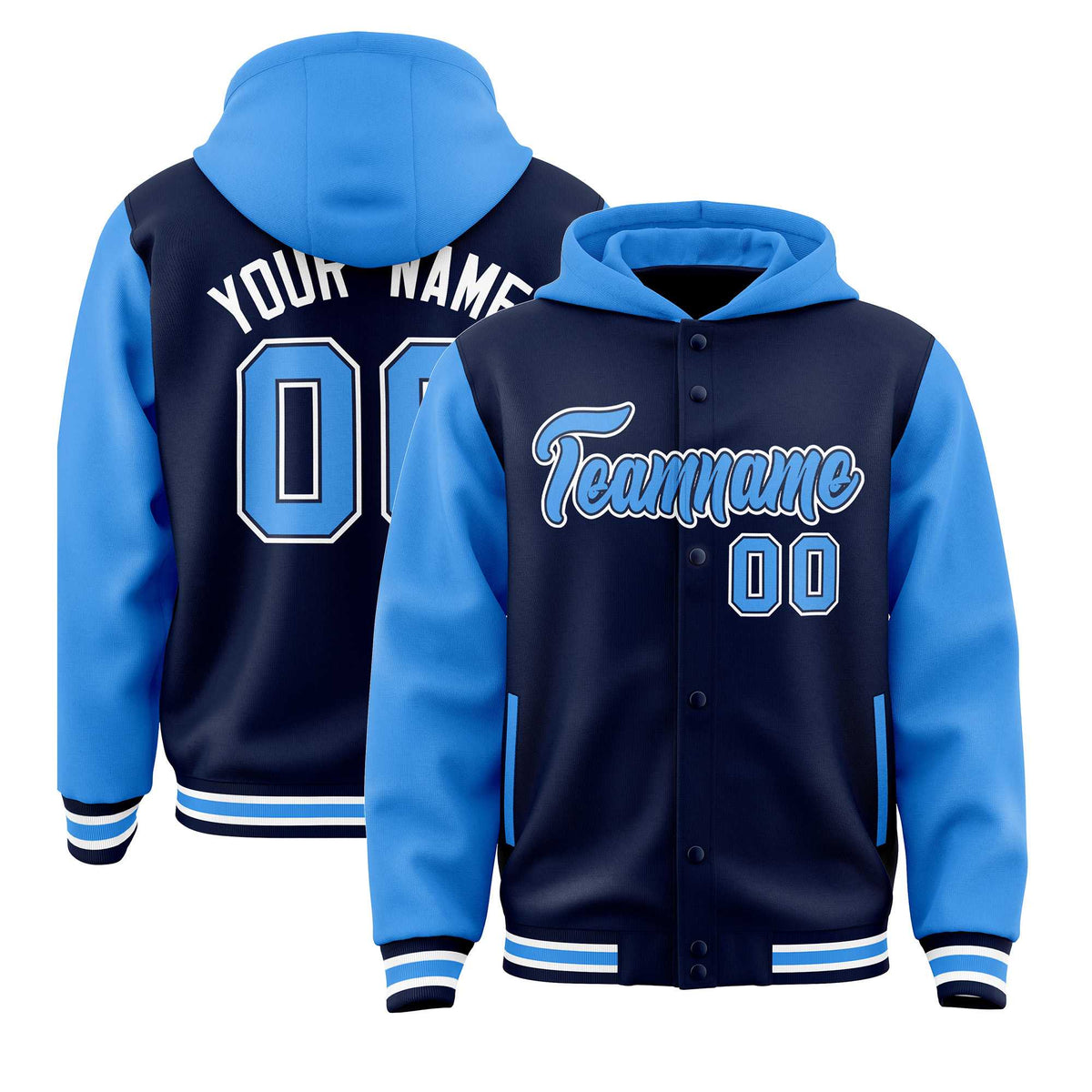 Custom Navy Powder Blue Raglan Sleeves Varsity Full-Snap Letterman Two Tone Jacket Hoodie| KXKSHOP