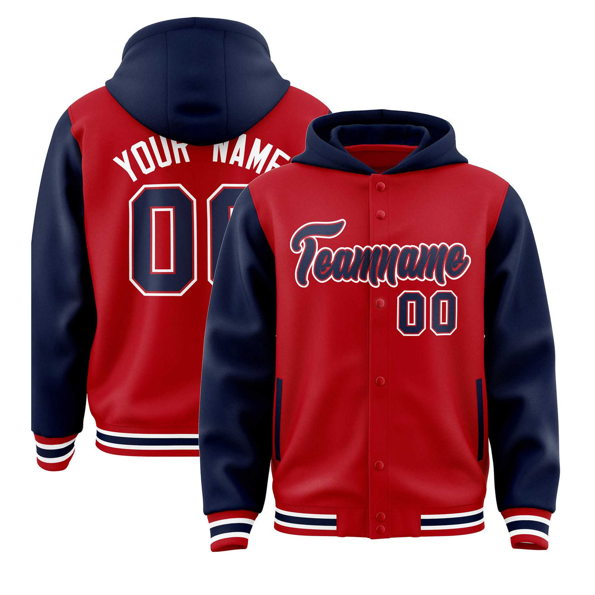 Custom Red Navy Raglan Sleeves Varsity Full-Snap Letterman Two Tone Jacket Hoodie| KXKSHOP