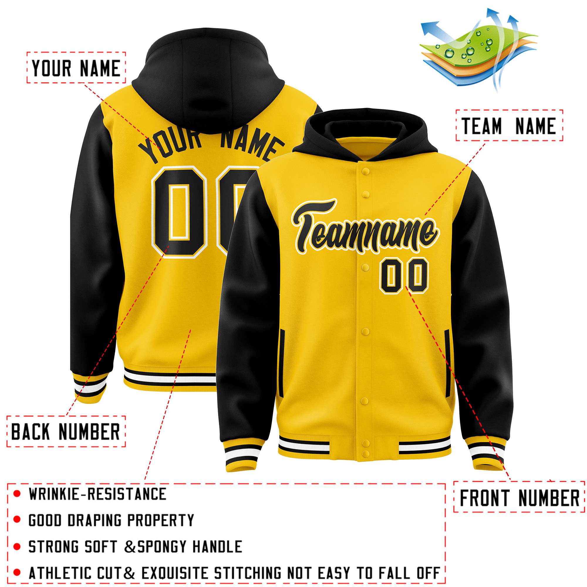 Custom Gold Black Raglan Sleeves Varsity Full-Snap Letterman Two Tone Jacket Hoodie| KXKSHOP