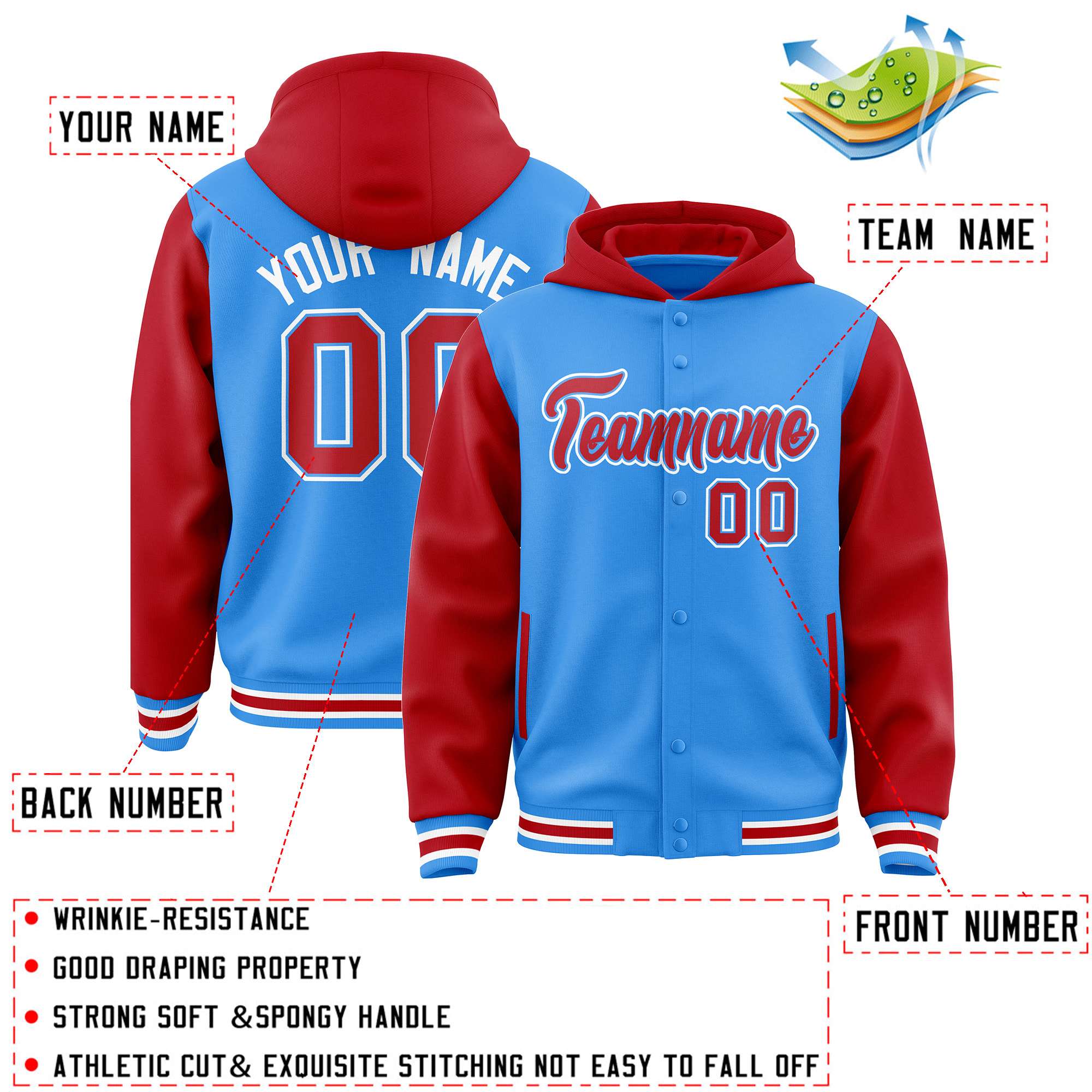 Custom Powder Blue Red Raglan Sleeves Varsity Full-Snap Letterman Two Tone Jacket Hoodie| KXKSHOP
