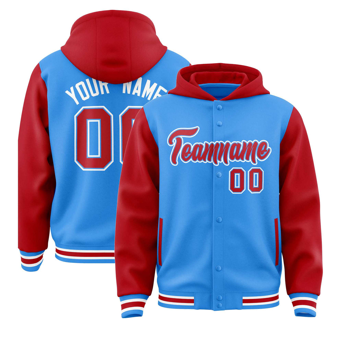 Custom Powder Blue Red Raglan Sleeves Varsity Full-Snap Letterman Two Tone Jacket Hoodie| KXKSHOP