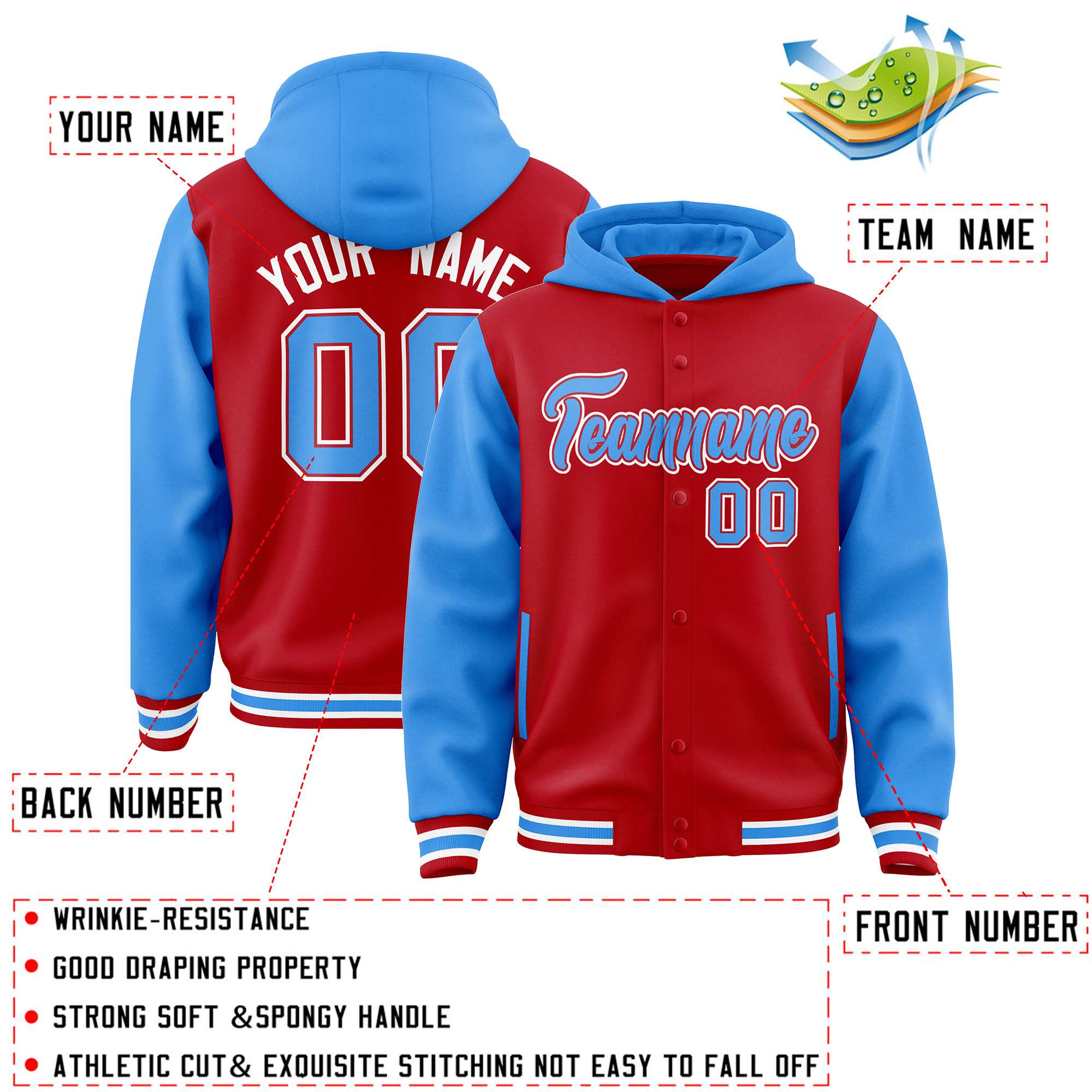 Custom Red Powder Blue Raglan Sleeves Varsity Full-Snap Letterman Two Tone Jacket Hoodie| KXKSHOP