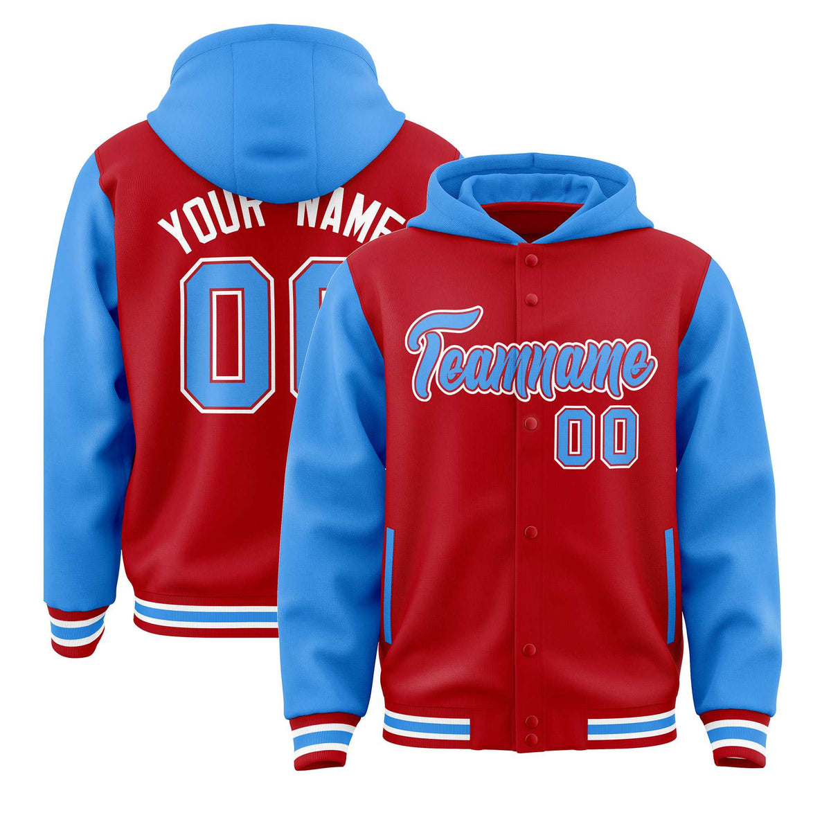 Custom Red Powder Blue Raglan Sleeves Varsity Full-Snap Letterman Two Tone Jacket Hoodie| KXKSHOP