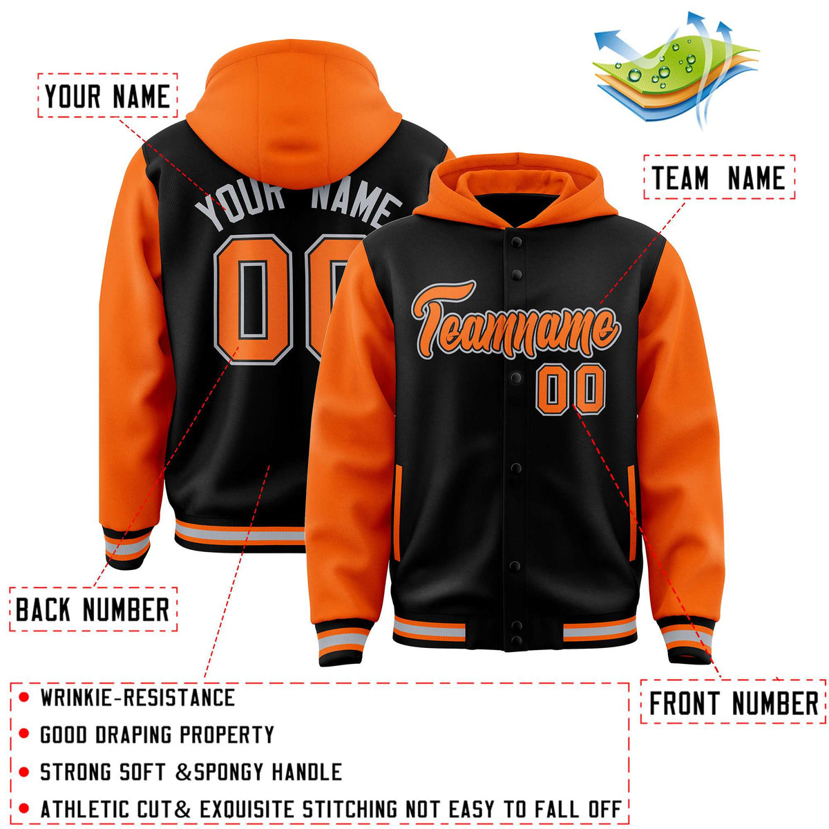 Custom Black Orange Raglan Sleeves Varsity Full-Snap Letterman Two Tone Jacket Hoodie| KXKSHOP