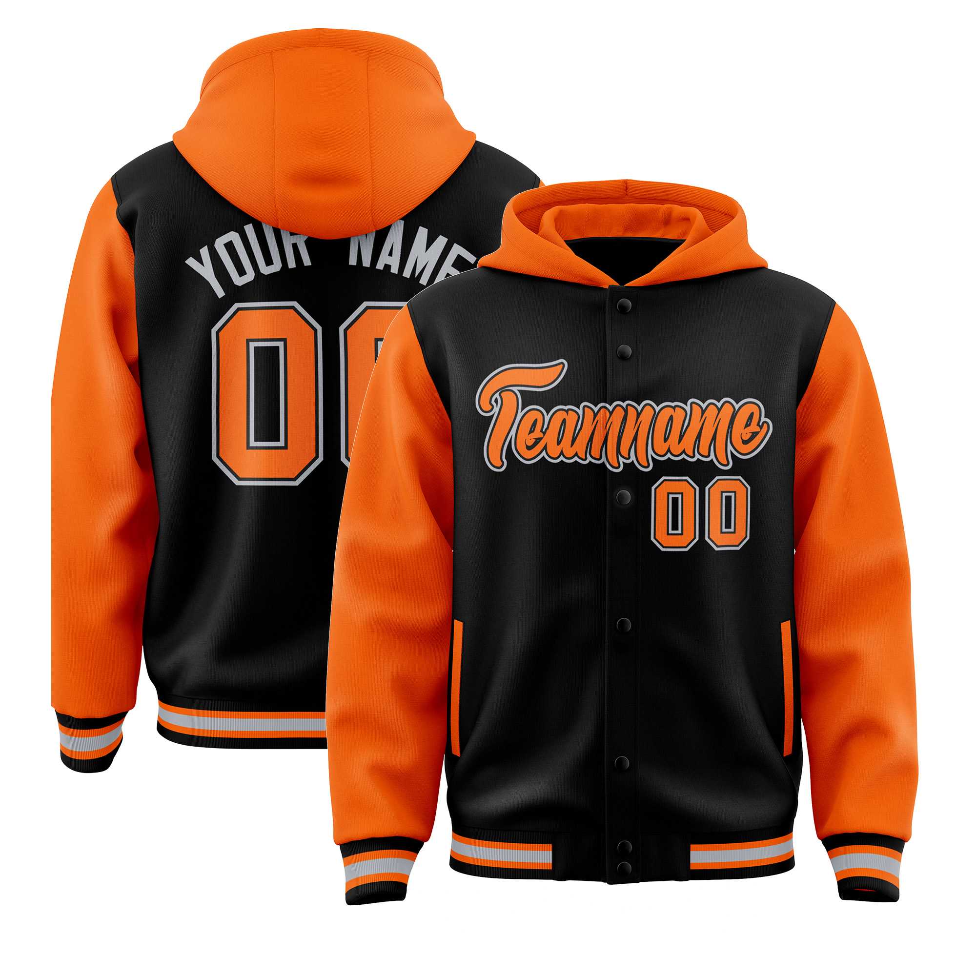 Custom Black Orange Raglan Sleeves Varsity Full-Snap Letterman Two Tone Jacket Hoodie| KXKSHOP