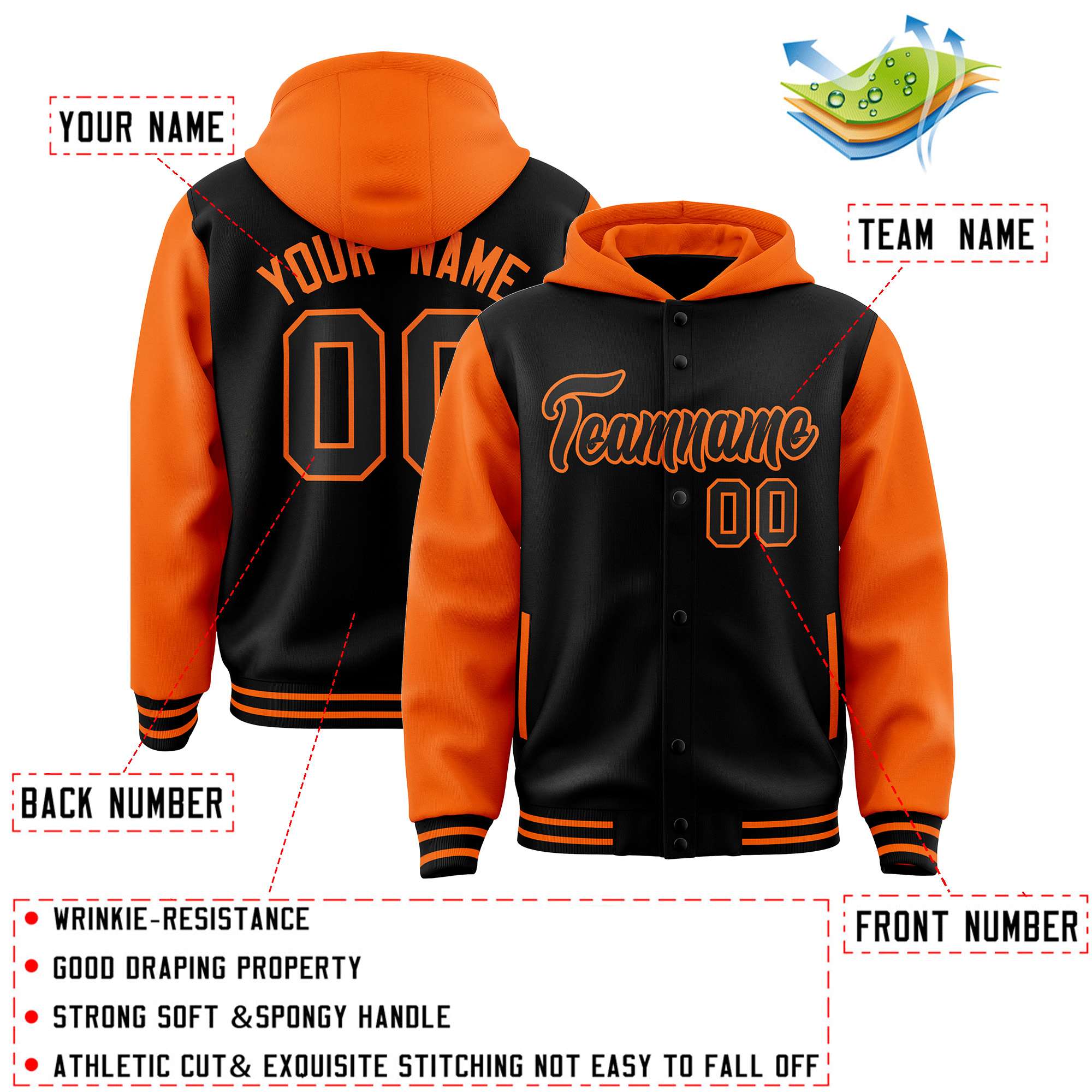 Custom Black Orange Raglan Sleeves Varsity Full-Snap Letterman Two Tone Jacket Hoodie| KXKSHOP
