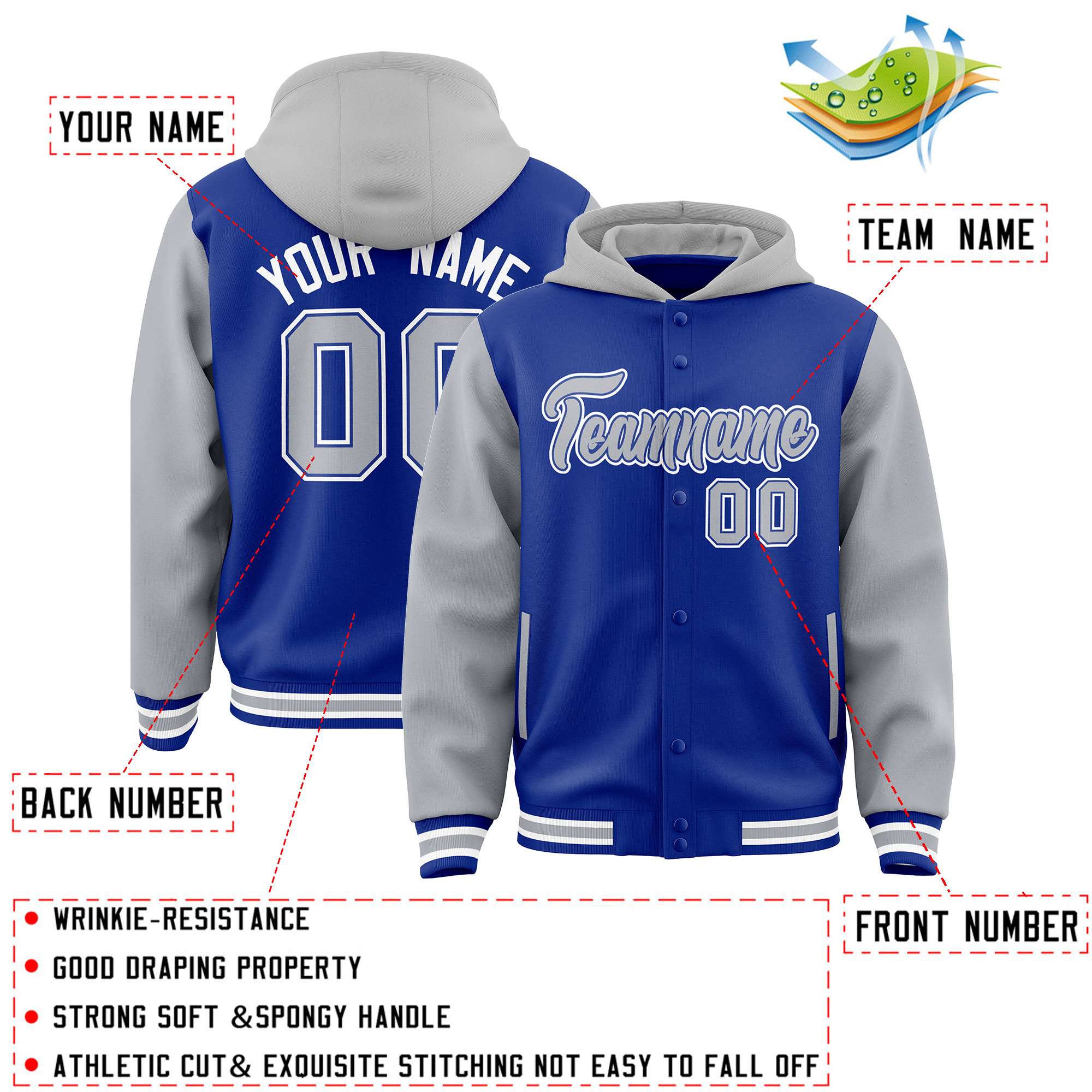 Custom Royal Gray Raglan Sleeves Varsity Full-Snap Letterman Two Tone Jacket Hoodie| KXKSHOP