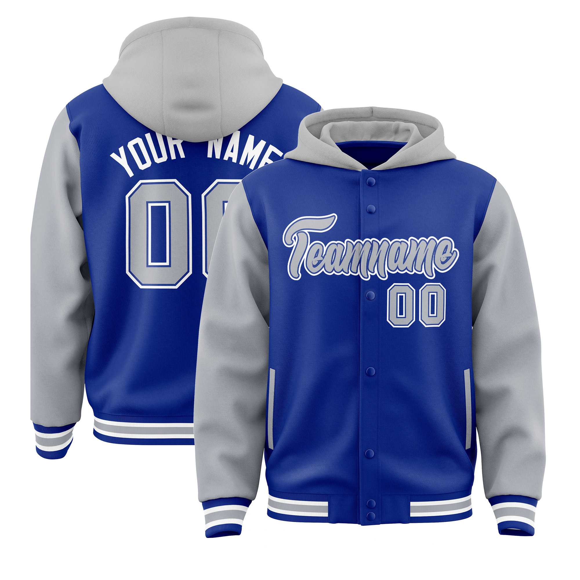 Custom Royal Gray Raglan Sleeves Varsity Full-Snap Letterman Two Tone Jacket Hoodie| KXKSHOP