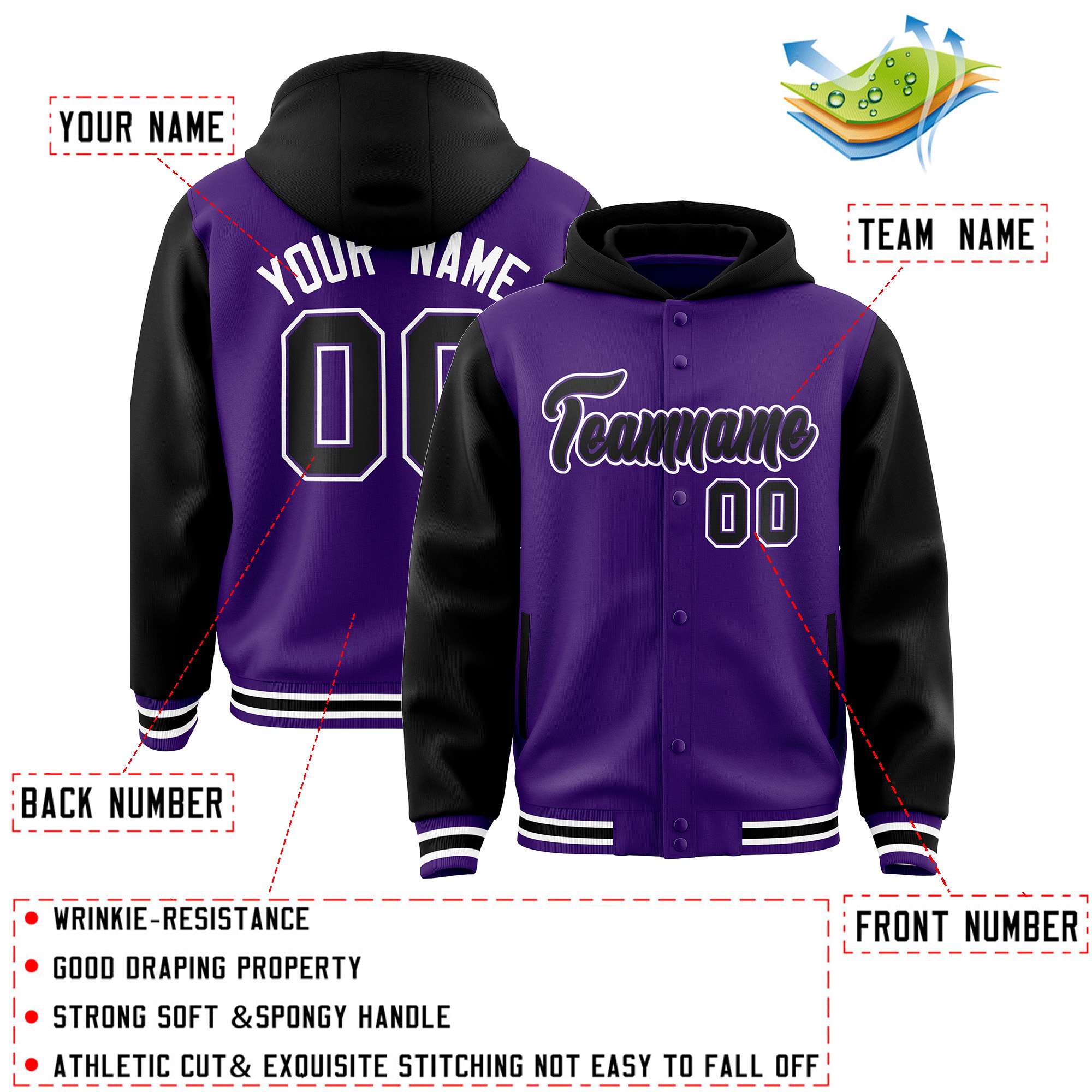Custom Purple Black Raglan Sleeves Varsity Full-Snap Letterman Two Tone Jacket Hoodie| KXKSHOP
